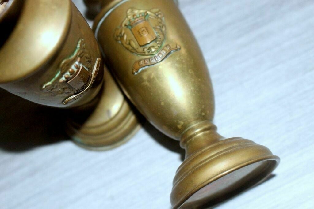 photo vintage French Vtg Pair Of Brass Petite Vase Urn Royal Malines Candleholder + Candles