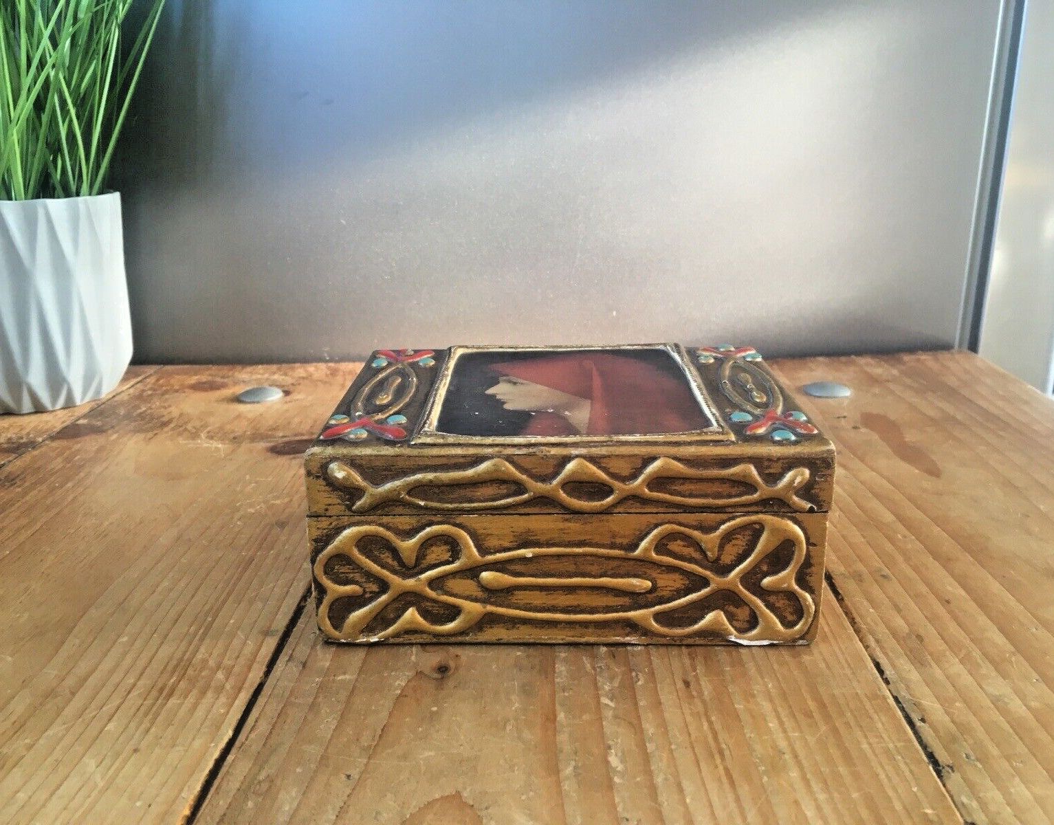 Florentine Giltwood St Fabiola Italian Brutalist Wooden Jewellery Box Henner