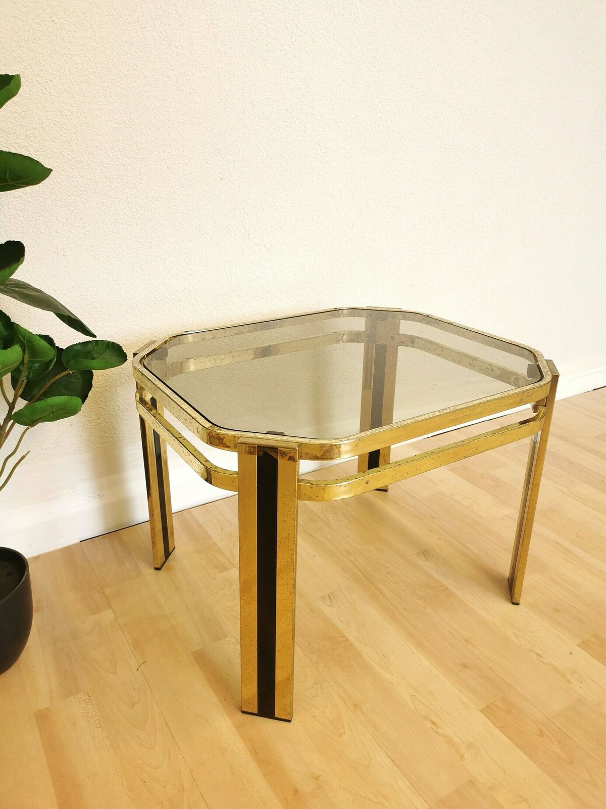 Vintage Brass And Smoked Glass Coffee Table / Mid Century Elegant Gold And Black End Side Table / 1970s Italy