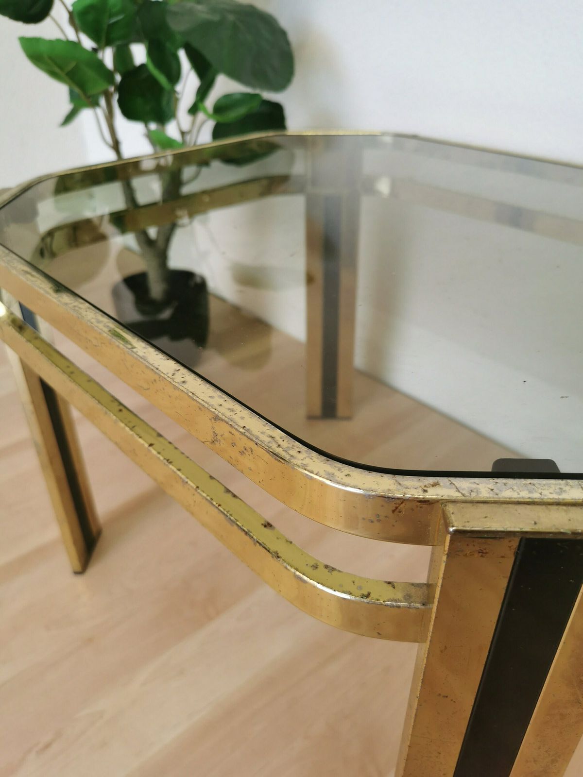 Vintage Brass And Smoked Glass Coffee Table / Mid Century Elegant Gold And Black End Side Table / 1970s Italy photo furniture