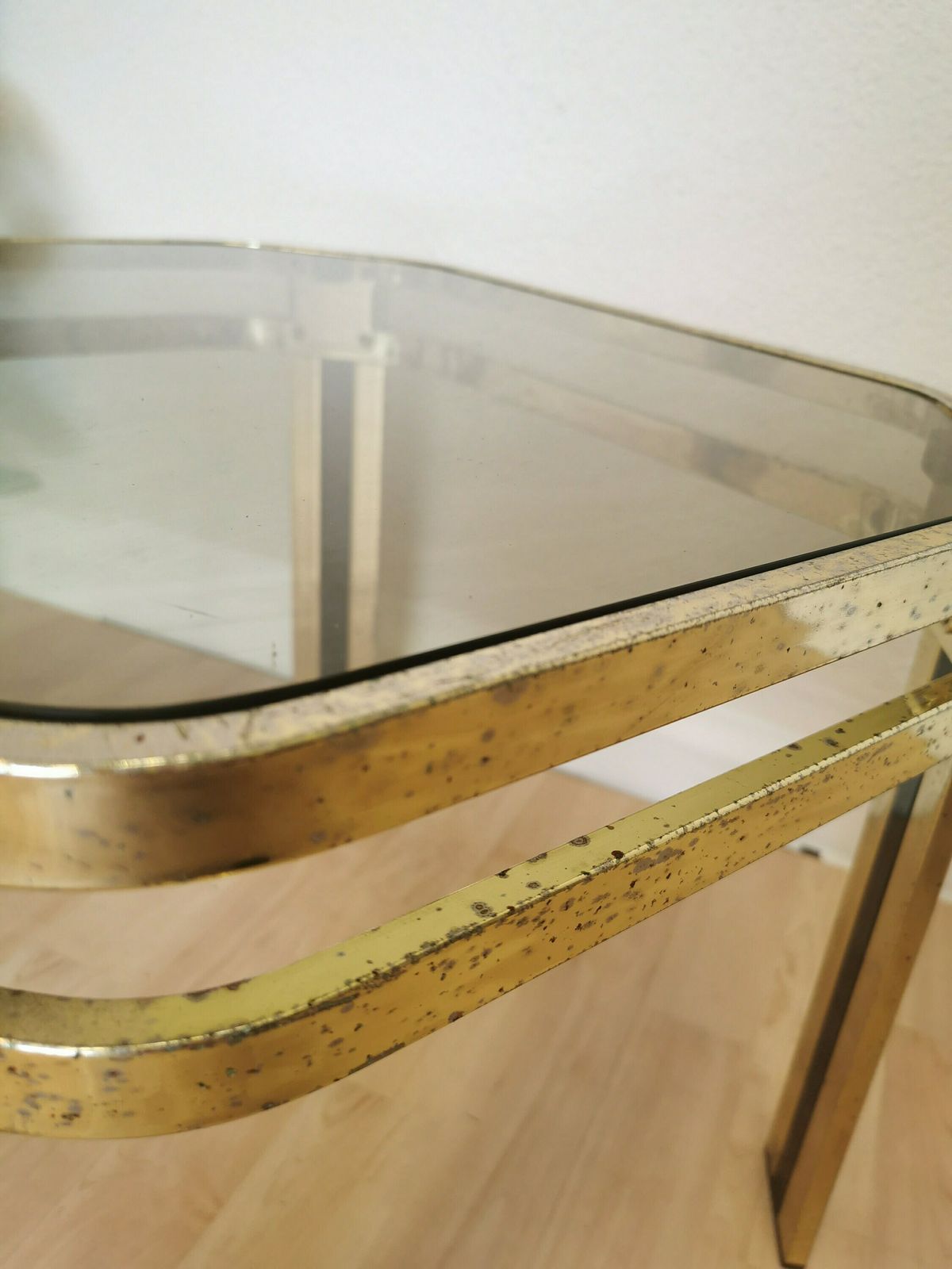 Vintage Brass And Smoked Glass Coffee Table / Mid Century Elegant Gold And Black End Side Table / 1970s Italy photo vinterior