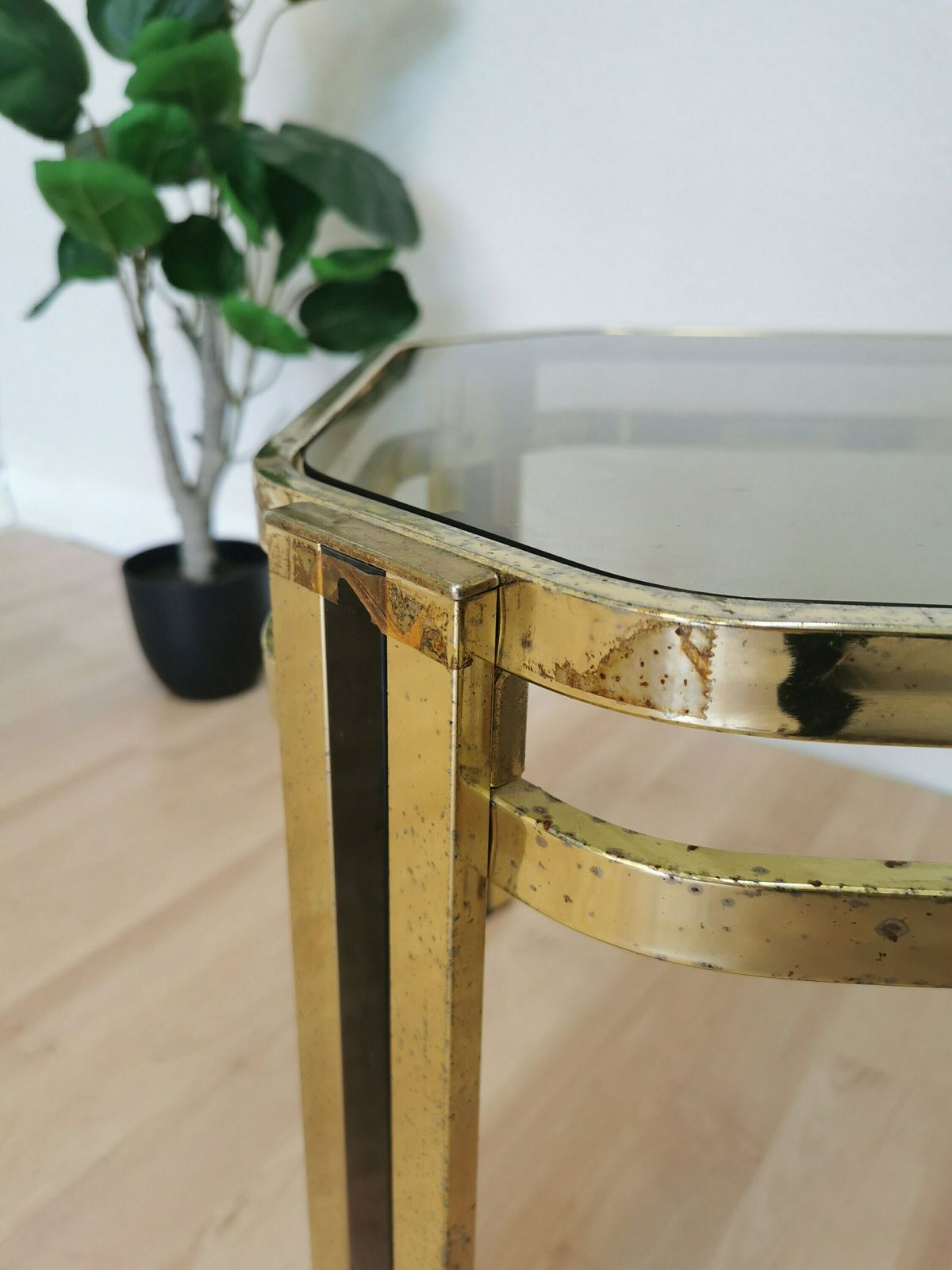 Vintage Brass And Smoked Glass Coffee Table / Mid Century Elegant Gold And Black End Side Table / 1970s Italy photo buy