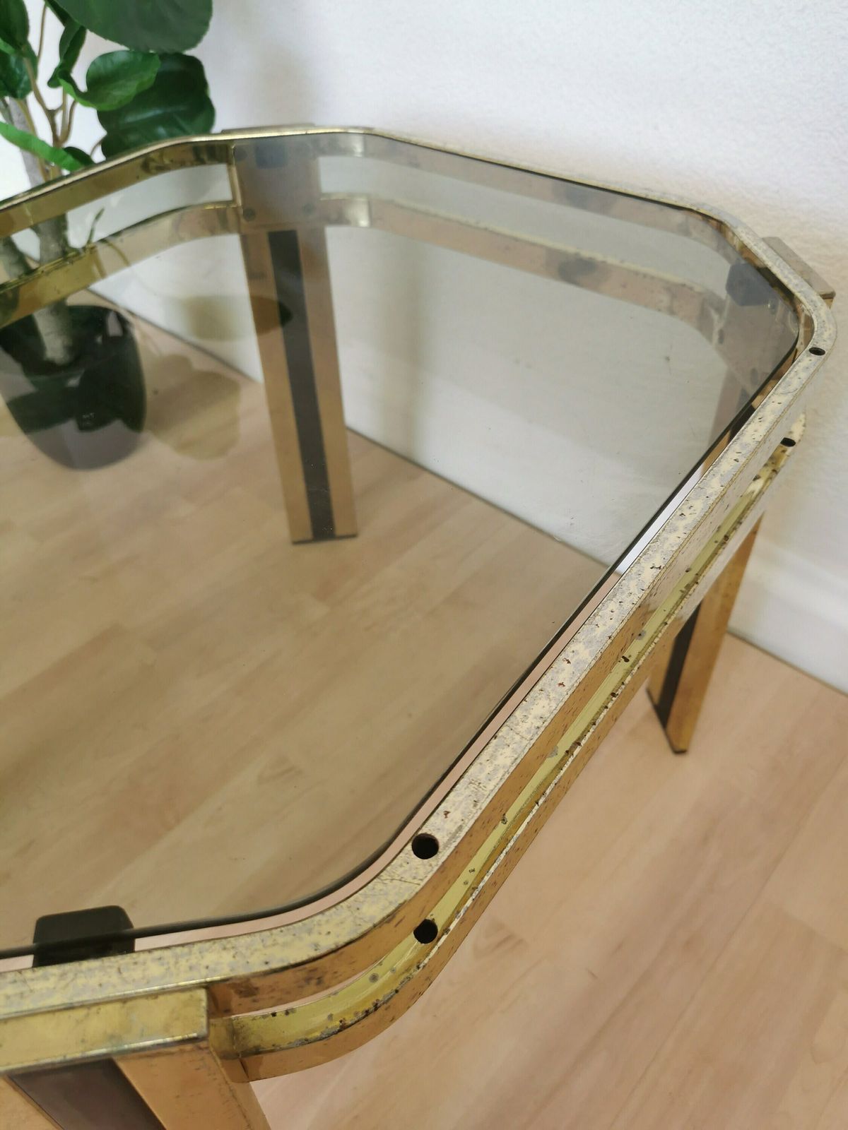 photo for sale Vintage Brass And Smoked Glass Coffee Table / Mid Century Elegant Gold And Black End Side Table / 1970s Italy