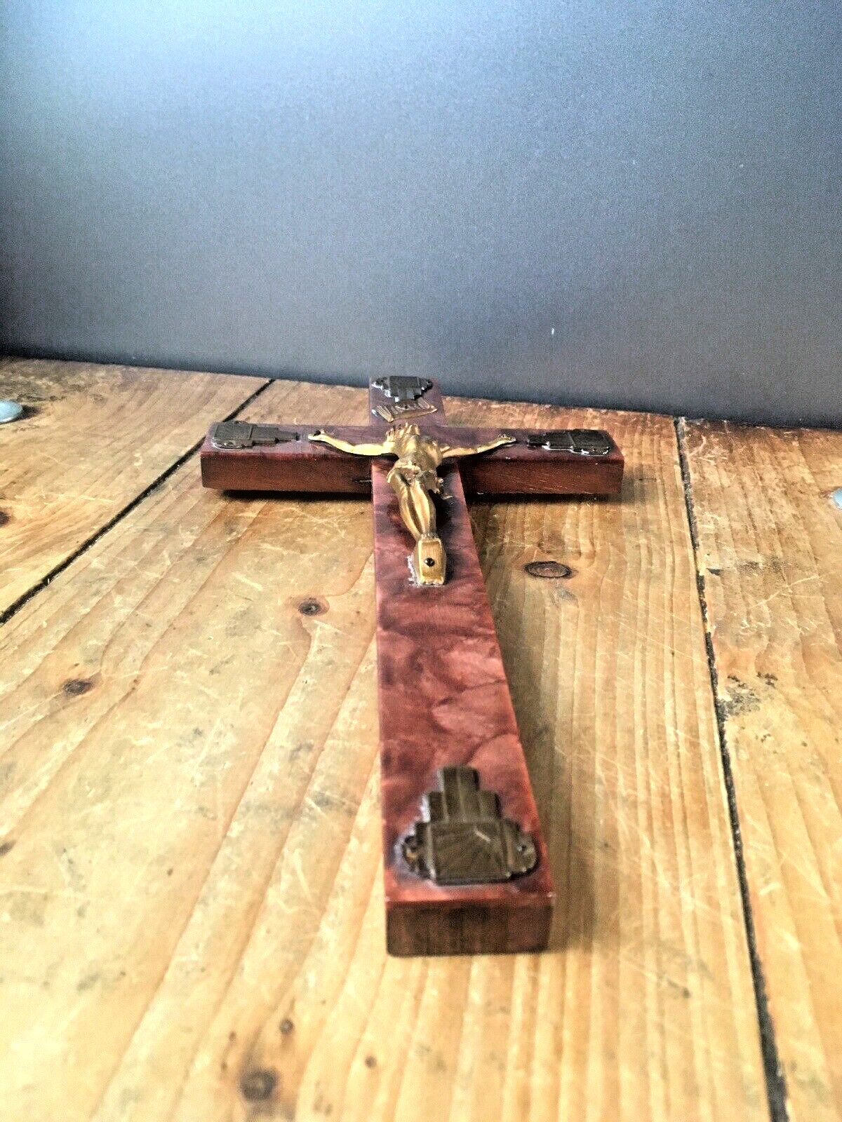 Antique Art Deco French Bakelite Gilded Wall Hanging Crucifix Church Cross Jesus photo for sale