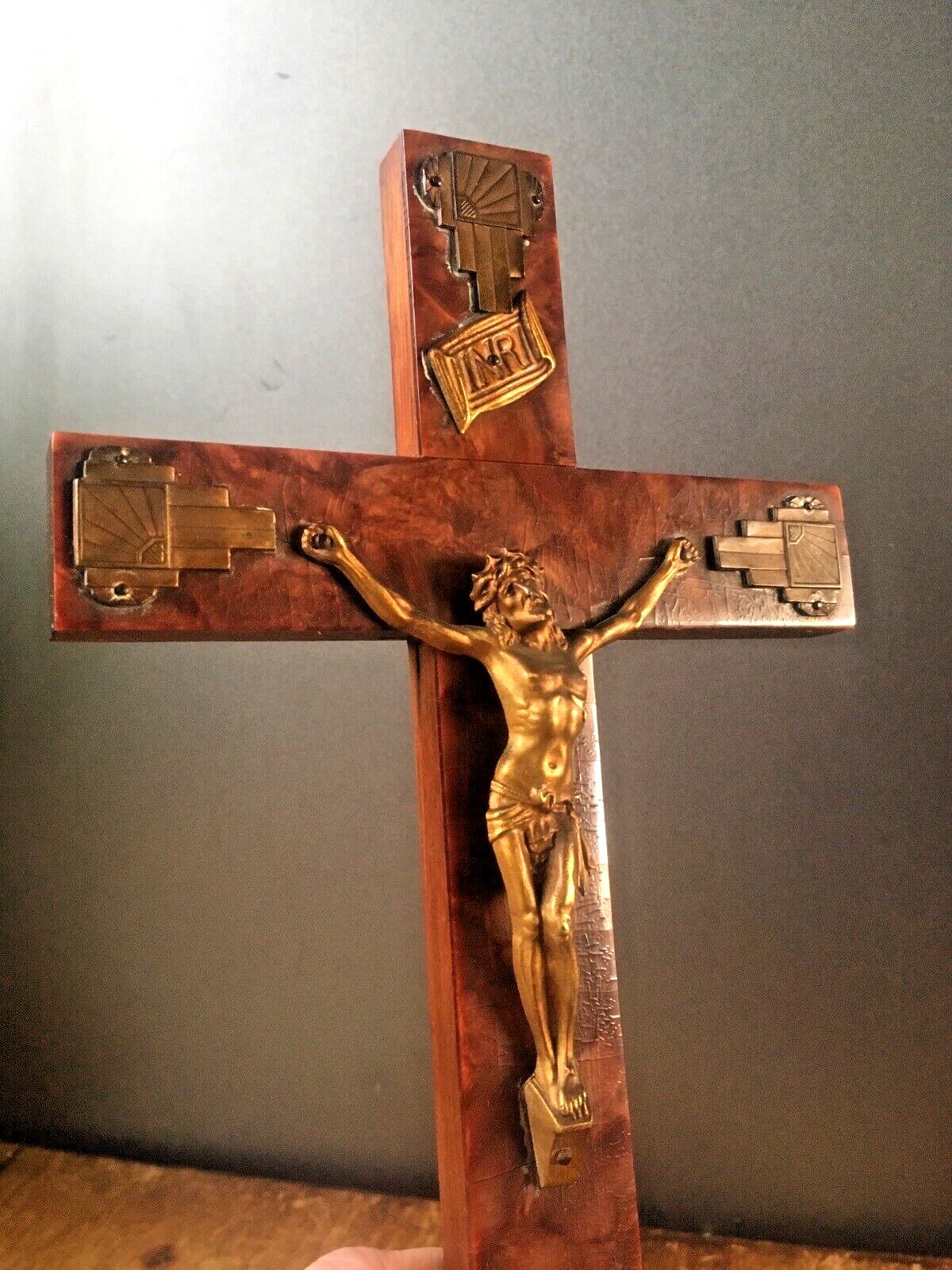 Antique Art Deco French Bakelite Gilded Wall Hanging Crucifix Church Cross Jesus photo vinterior