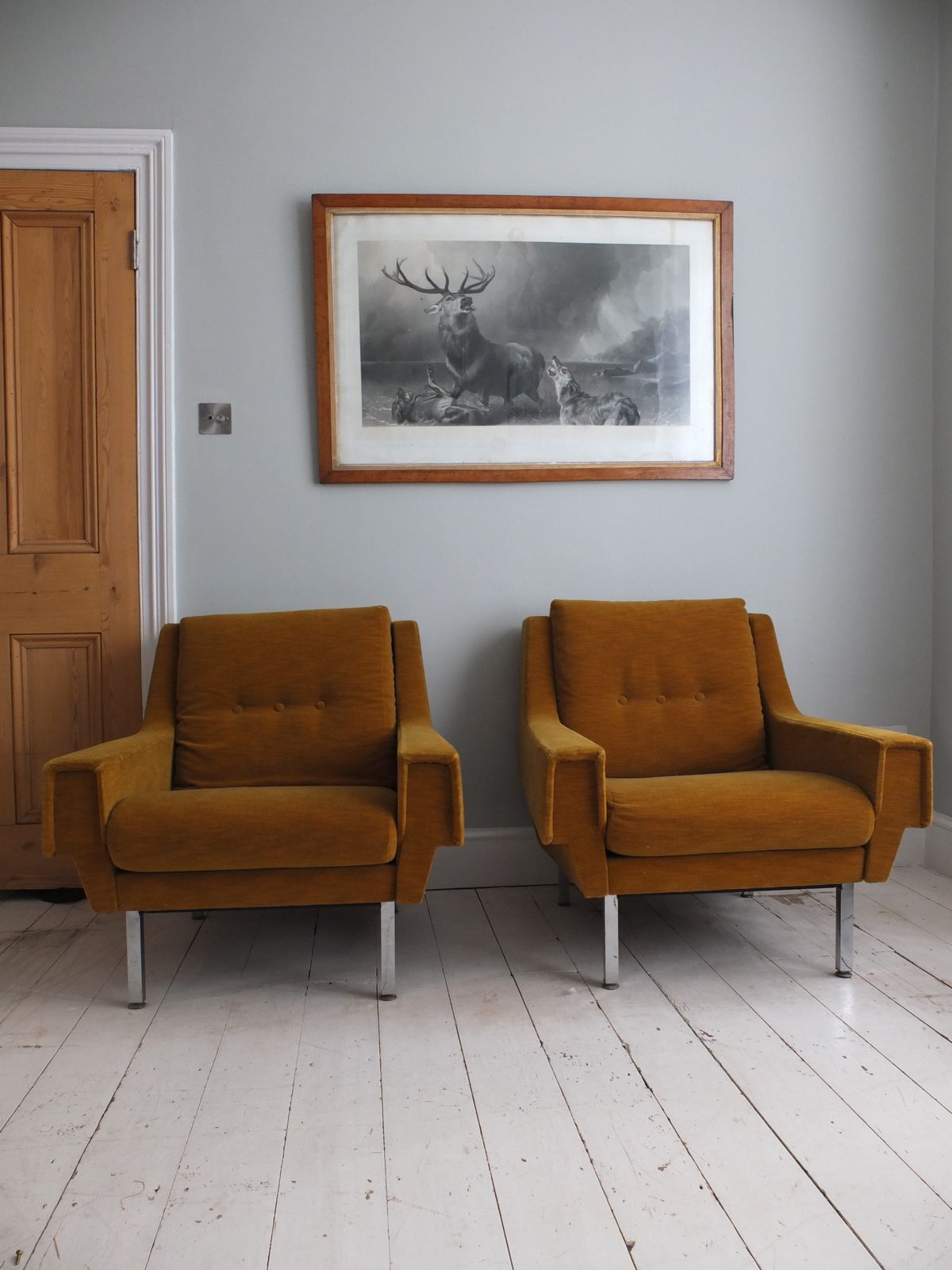 A Pair Of 1970s Armchairs In Original Mustard Fabric With Chrome Legs photo furniture