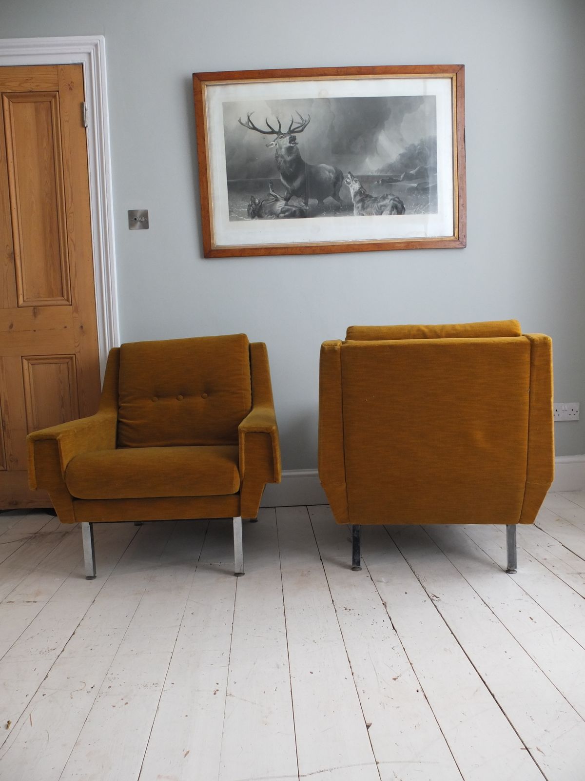 A Pair Of 1970s Armchairs In Original Mustard Fabric With Chrome Legs photo for sale