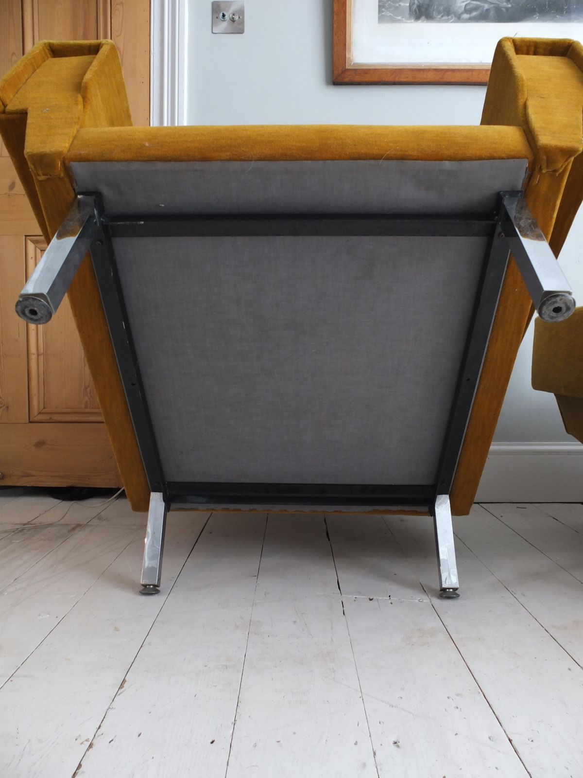 A Pair Of 1970s Armchairs In Original Mustard Fabric With Chrome Legs photo Furniture