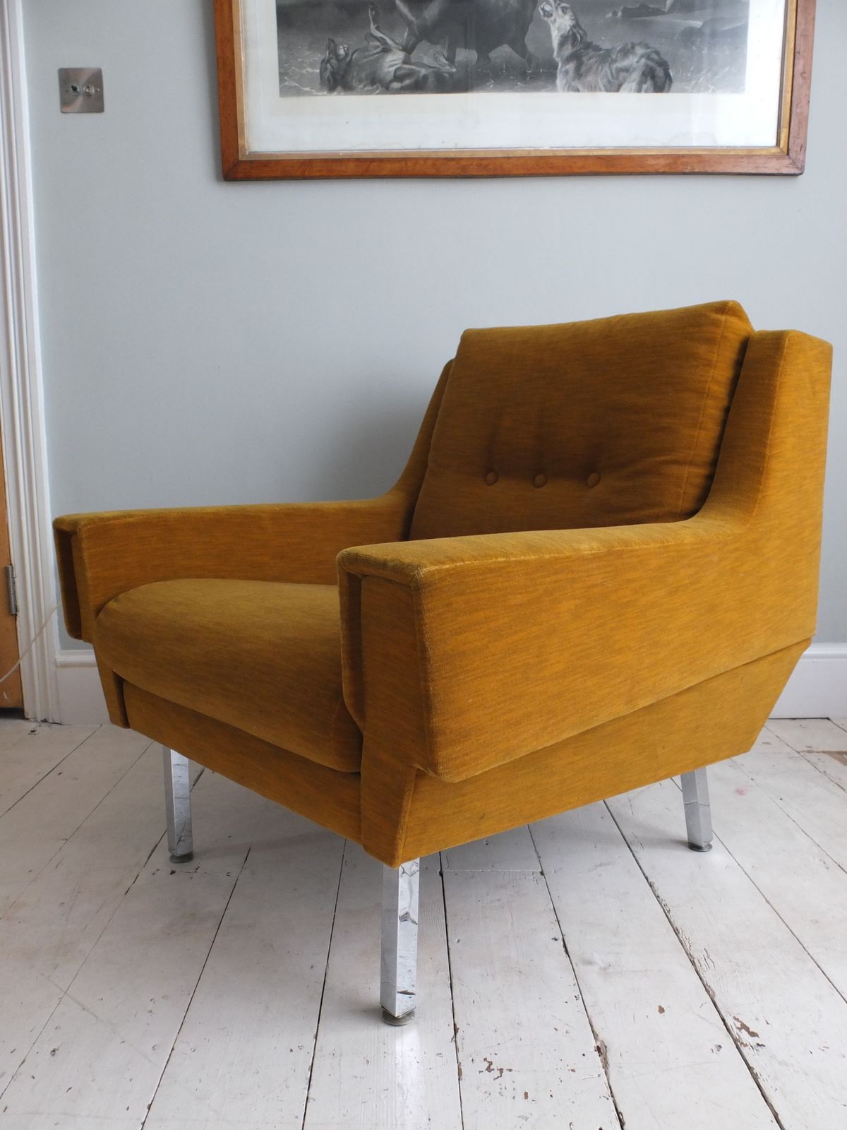 A Pair Of 1970s Armchairs In Original Mustard Fabric With Chrome Legs photo 600.0