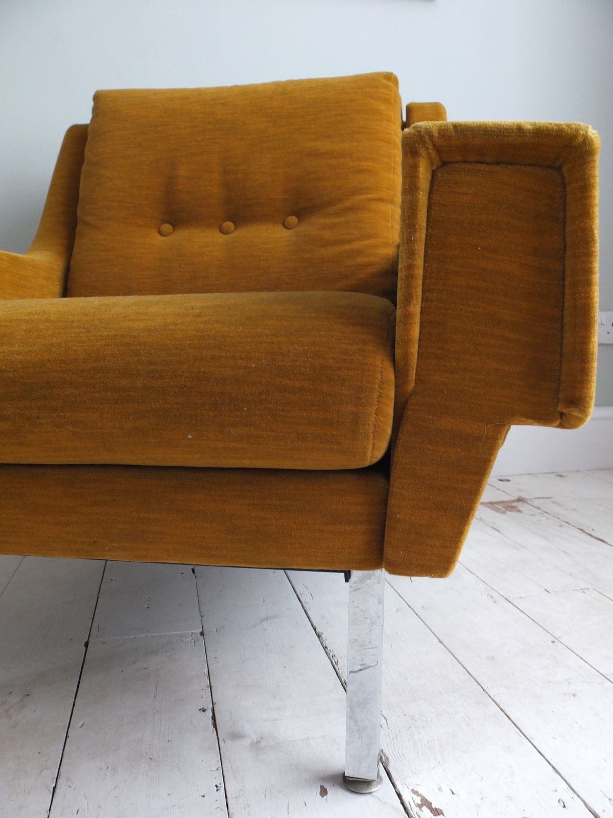A Pair Of 1970s Armchairs In Original Mustard Fabric With Chrome Legs photo vinterior