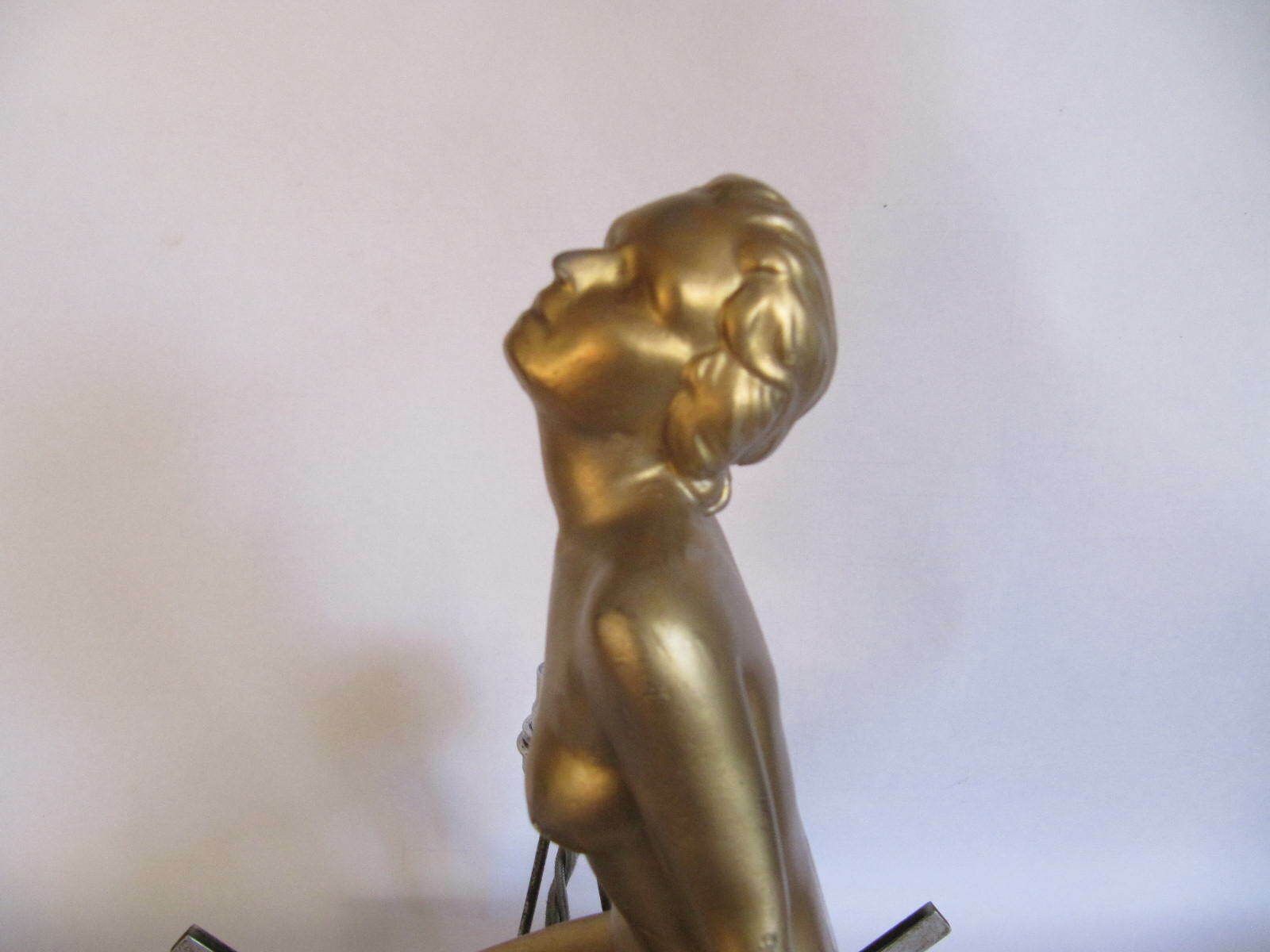 photo for sale Art Deco Large Lamp Gilt Lady Figurine Kneeling, Circular Glass Diffuser, On Chrome Base