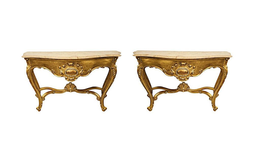 A Very Fine Pair Of Early 20th Century Marble Top Giltwood Console Tables