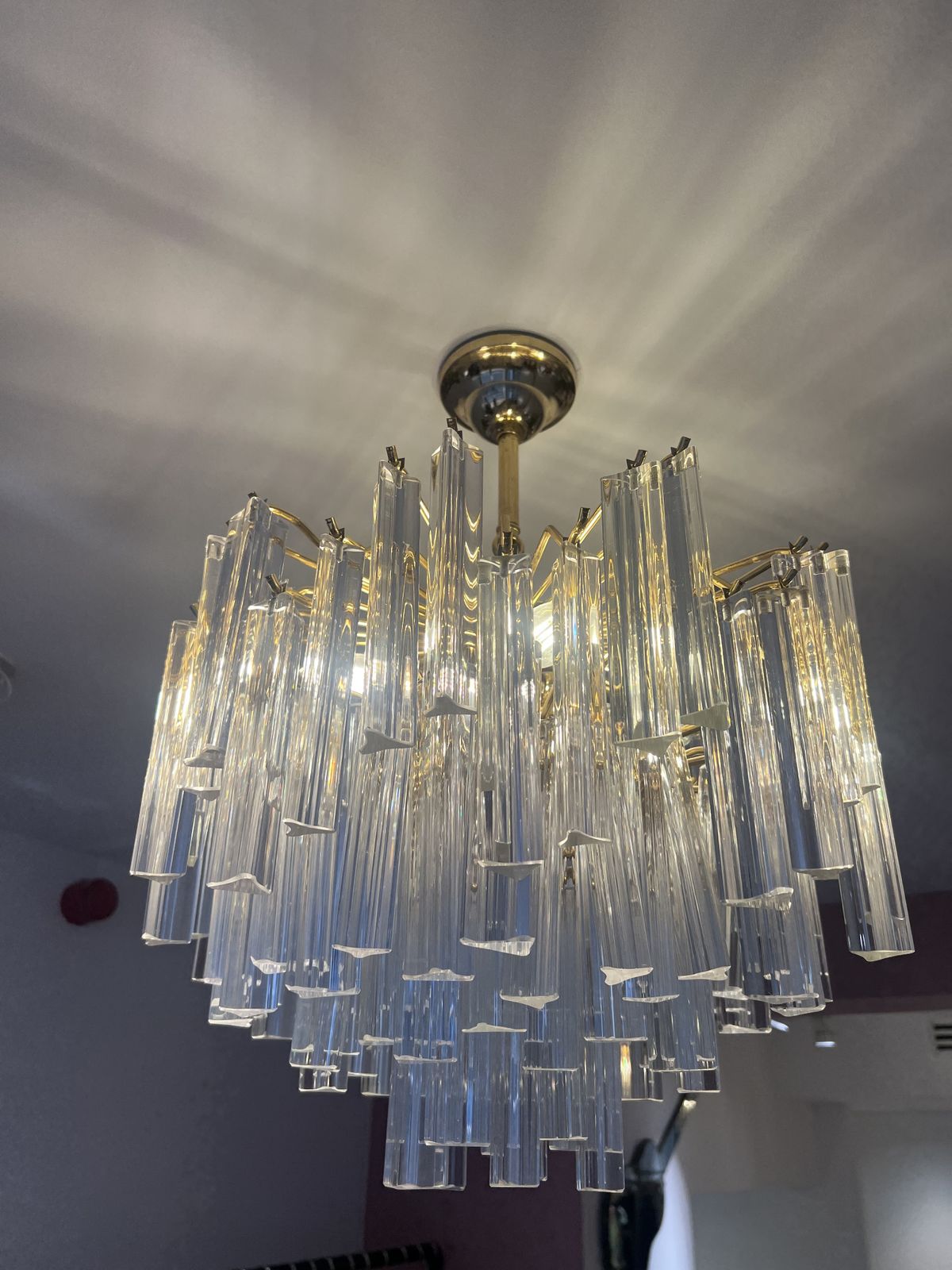 Vintage Pair Of Italian Murano Triedre Prism Crystal Gold Plated Chandeliers photo 1600.0