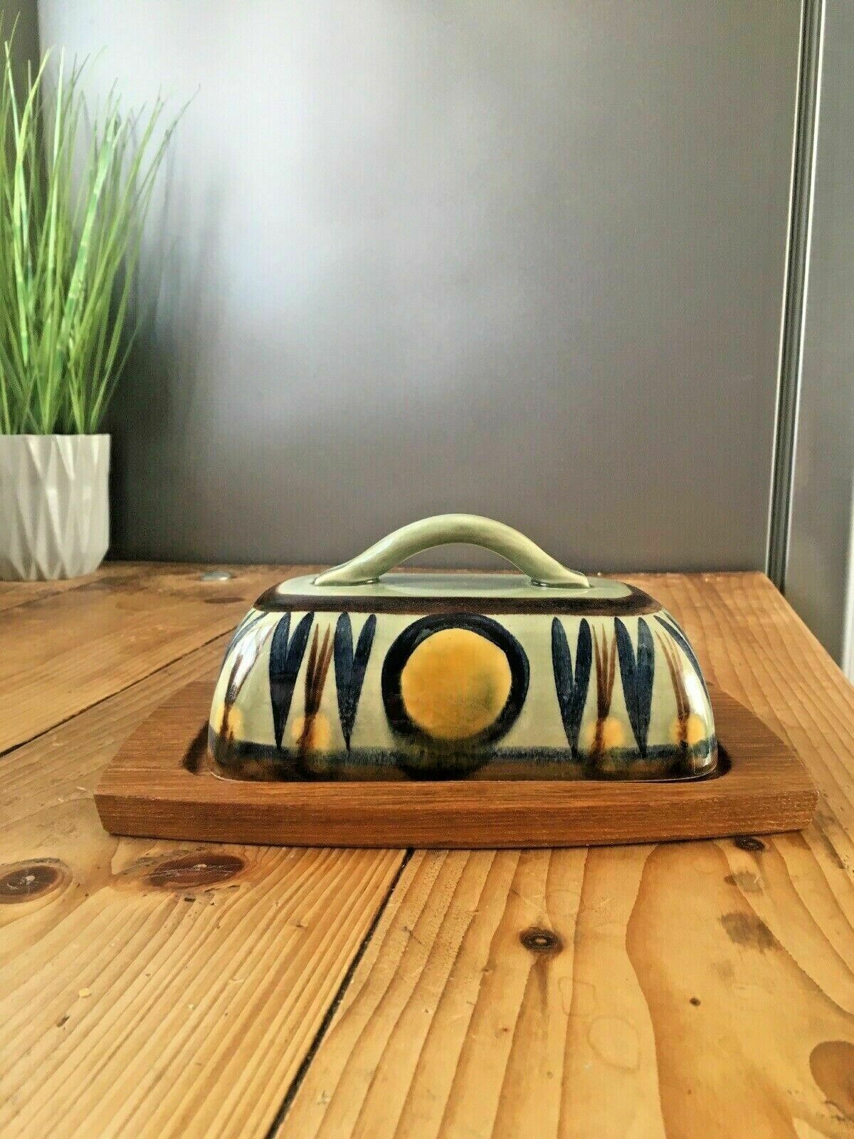 100.0 Mid Century 60s Scandinavian Studio Faience Pottery Cheese Butter Dish Lid Cover photo