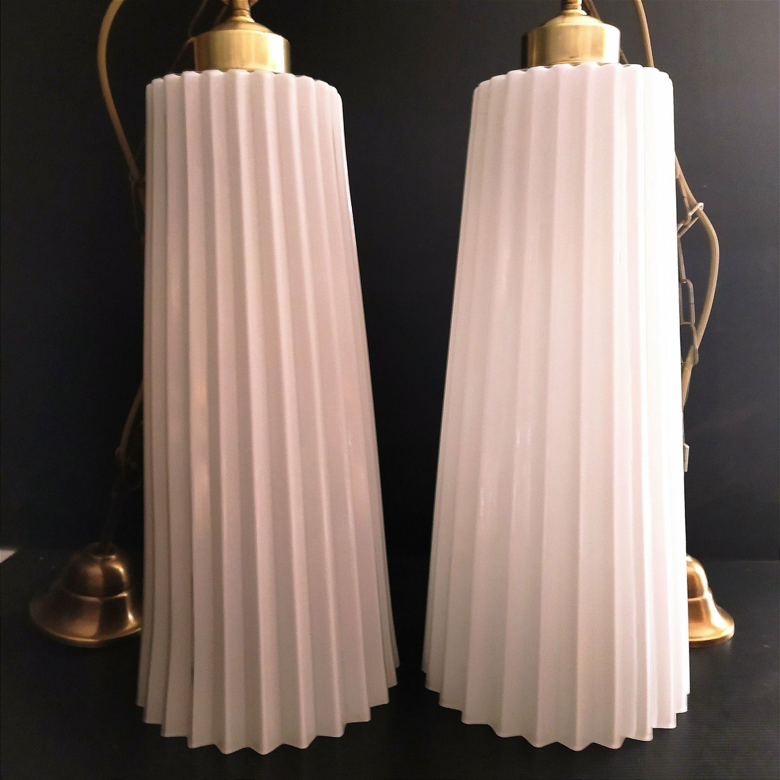 Pair Of 1960's Opaline Pleated Blown Glass Pendant Lights. photo Lighting