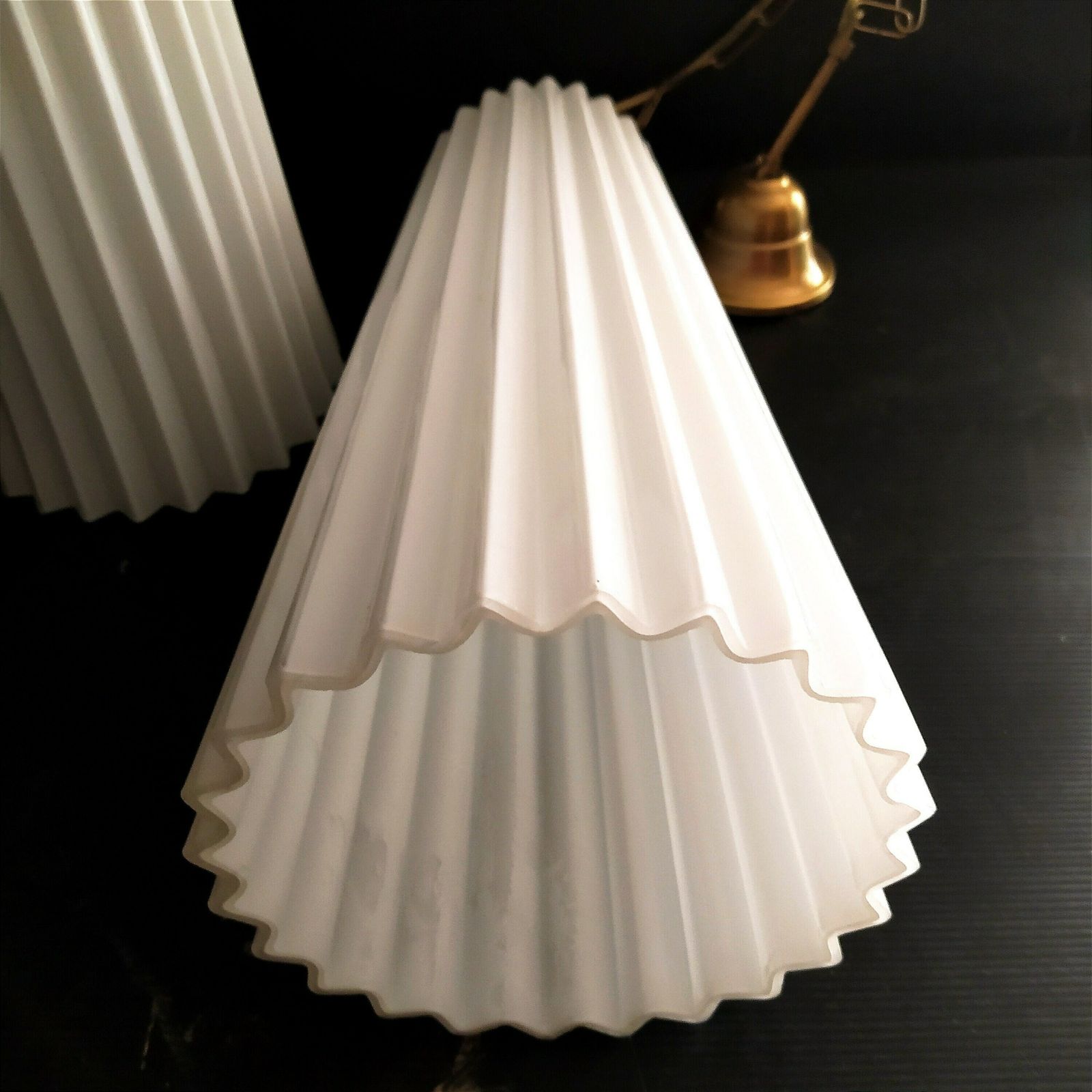 Pair Of 1960's Opaline Pleated Blown Glass Pendant Lights. photo buy