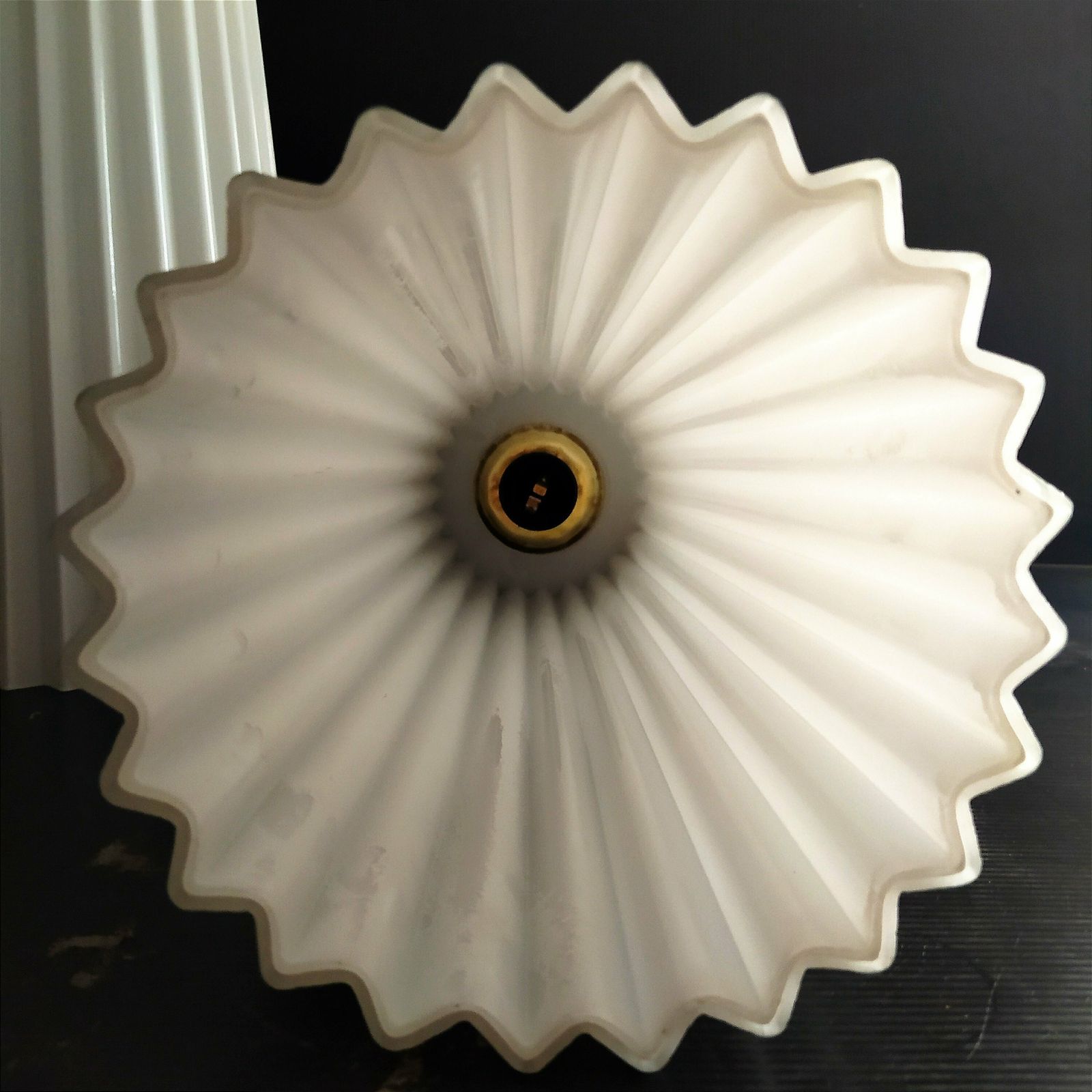 Pair Of 1960's Opaline Pleated Blown Glass Pendant Lights. photo vintage