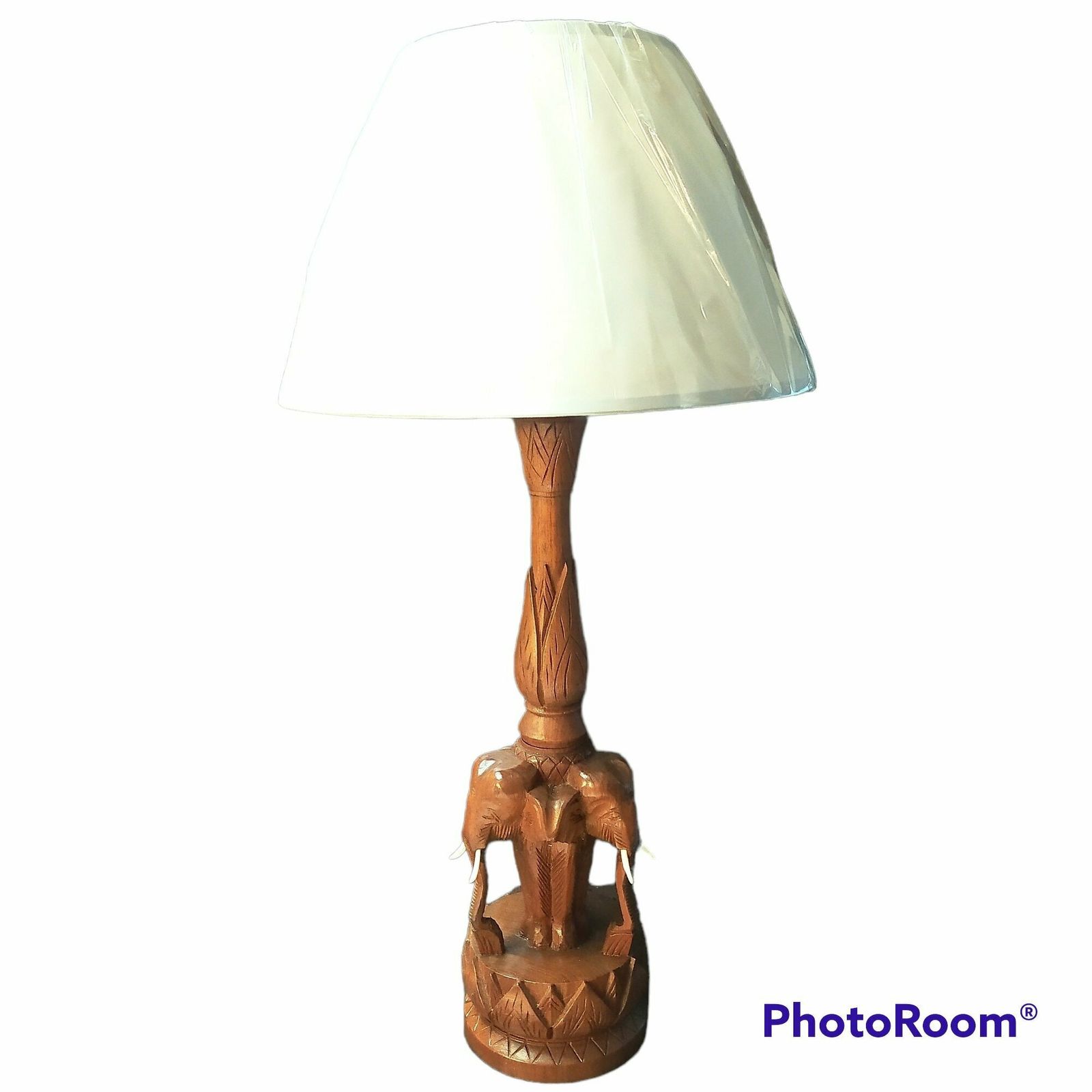 Vintage Carved Wooden Elephant Table Lamp