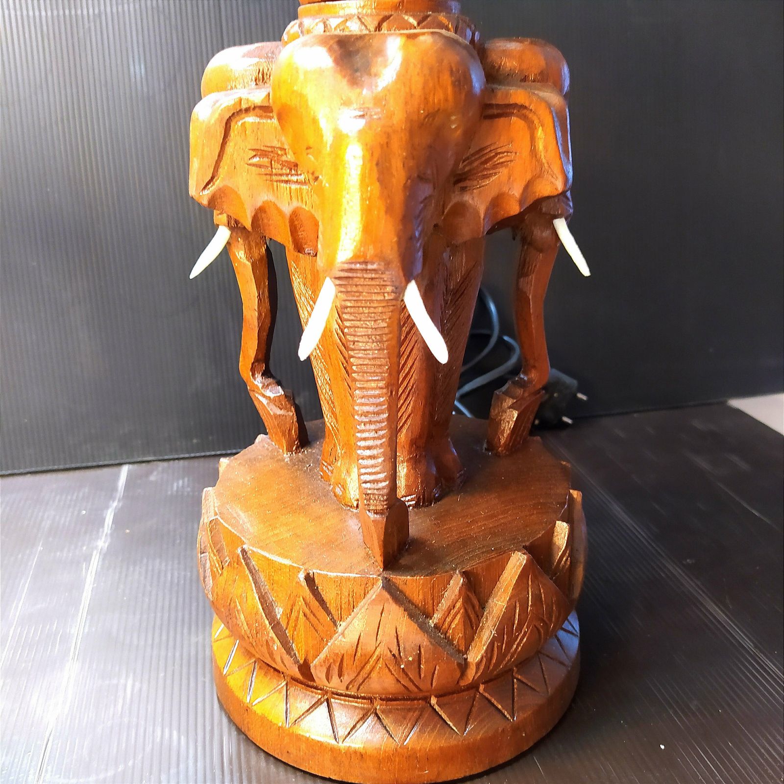 Vintage Carved Wooden Elephant Table Lamp photo vintage