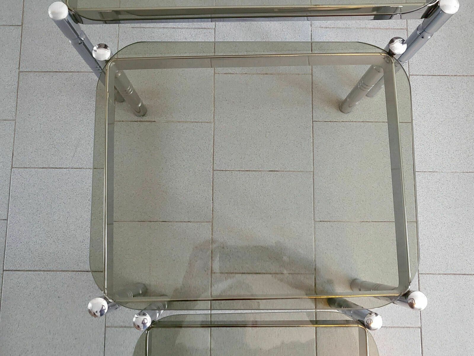 Set Of 3 Vintage Nest Of Tables 1970 Chrome Steel & Smoked Glass 70s Retro photo vintage