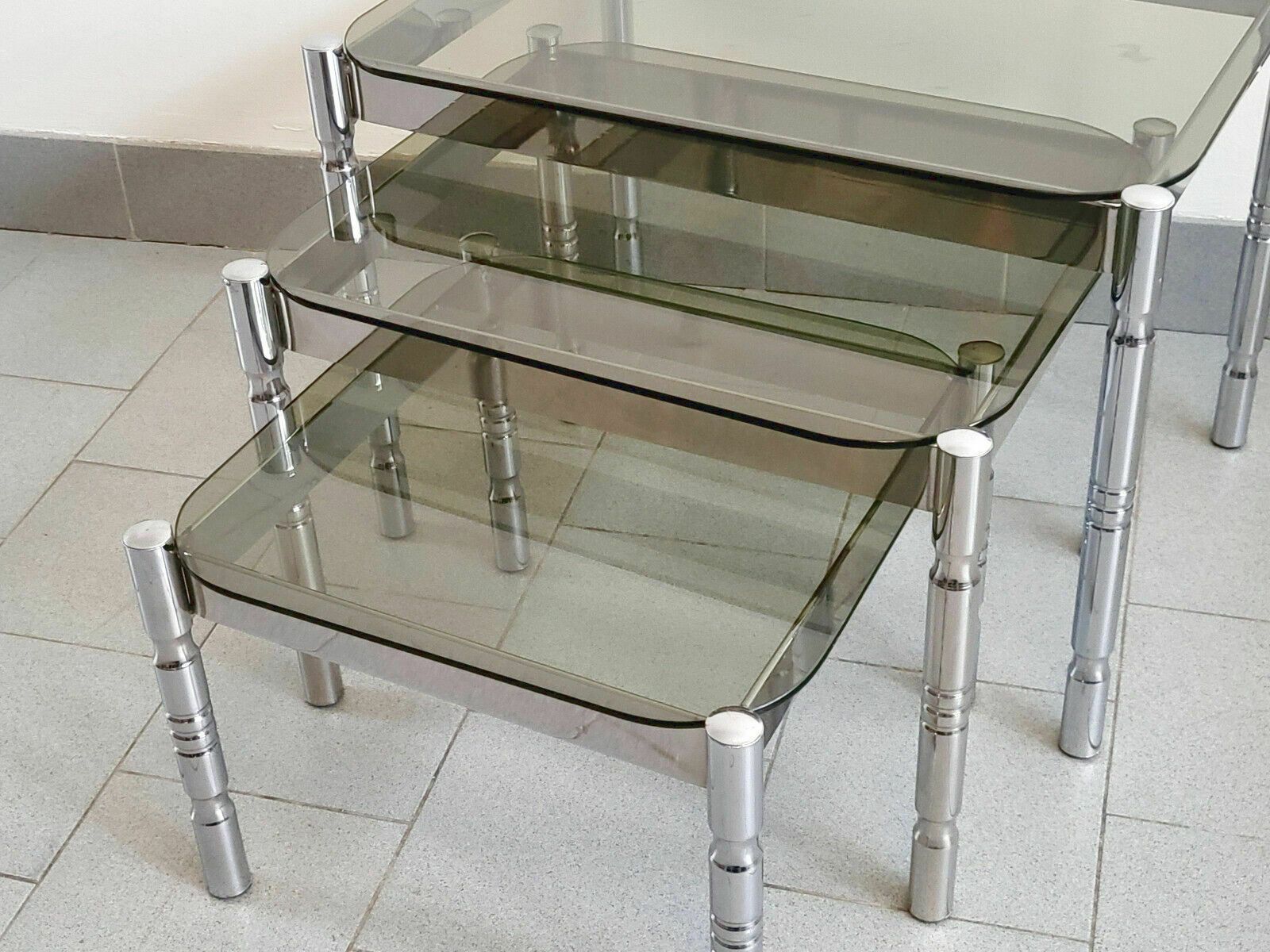 photo for sale Set Of 3 Vintage Nest Of Tables 1970 Chrome Steel & Smoked Glass 70s Retro