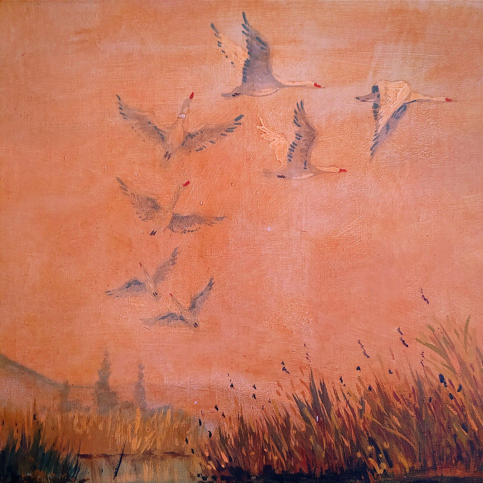 Mid Century "Storks In Flight" Oil Painting. photo furniture