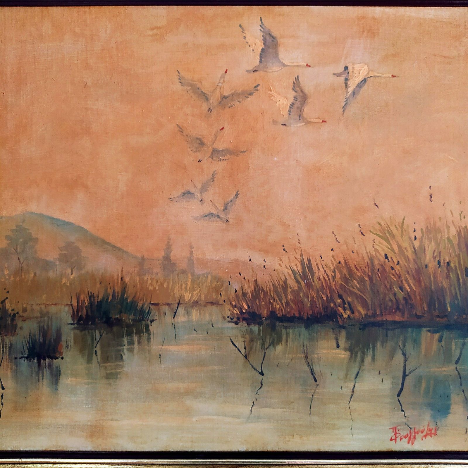 photo for sale Mid Century "Storks In Flight" Oil Painting.
