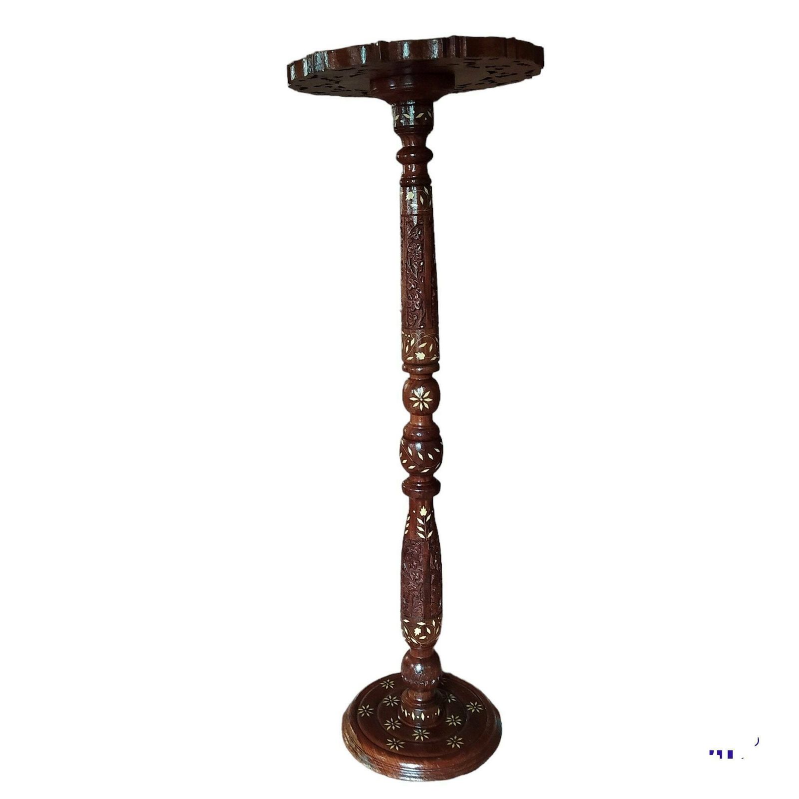 Vintage Turned Wood With Pearl Inlay Flower Stand.