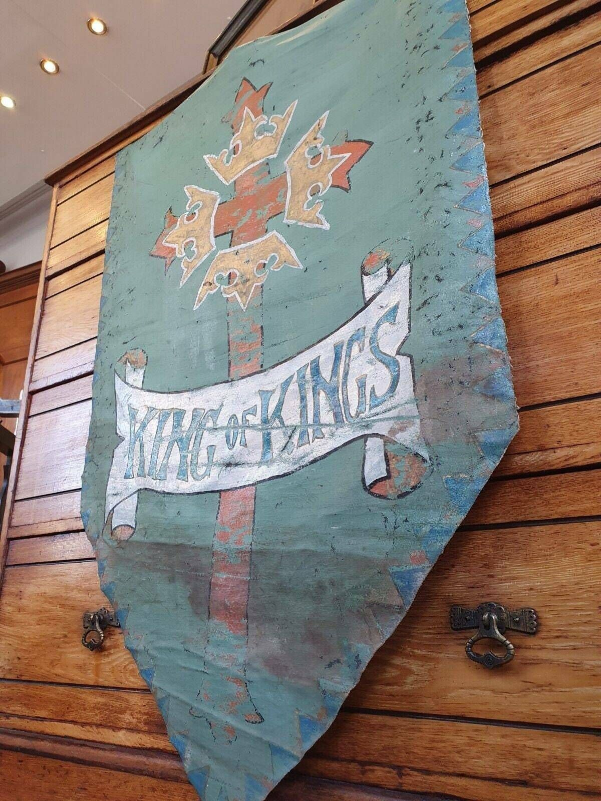 19th Century Hand Painted 'King Of Kings' Vellum Church Hanging. photo furniture