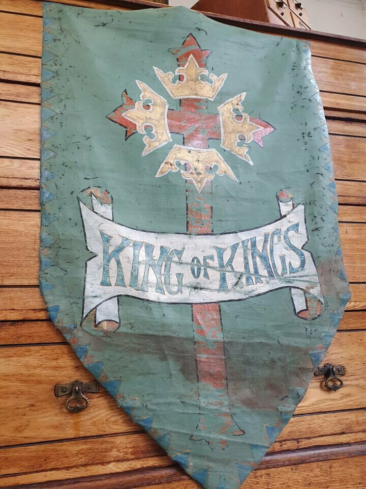 19th Century Hand Painted 'King Of Kings' Vellum Church Hanging. photo for sale