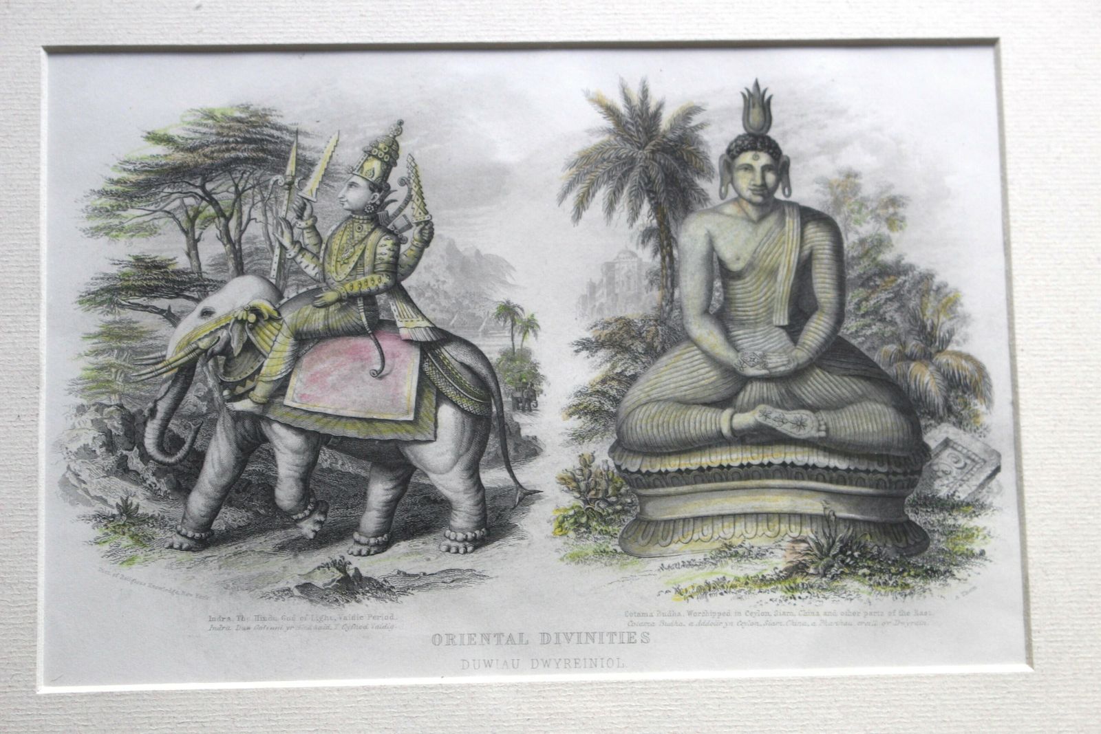 Framed 19th Century Engraving Oriental Divinities Indra & Cotama C1860 photo furniture