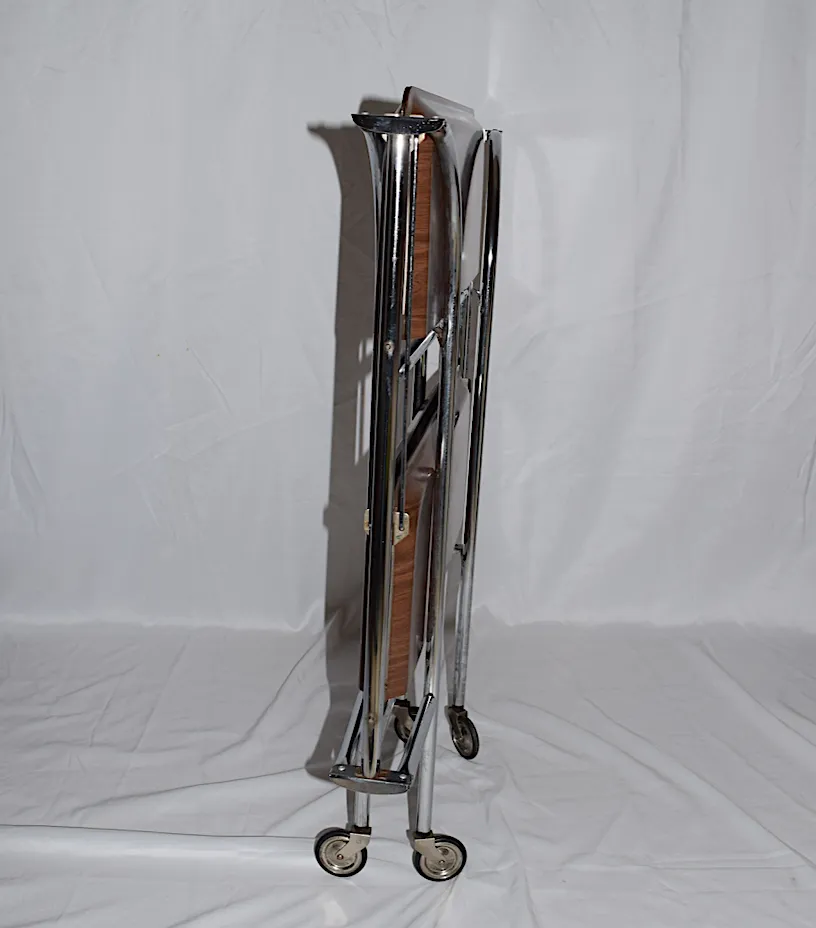 photo buy A Mid Century Bremshey & Co German Dinette Trolley. Made Of Chrome & Lamented Wood. It Folds Into A Smaller Frame. Attribution Mark On The Wheels.