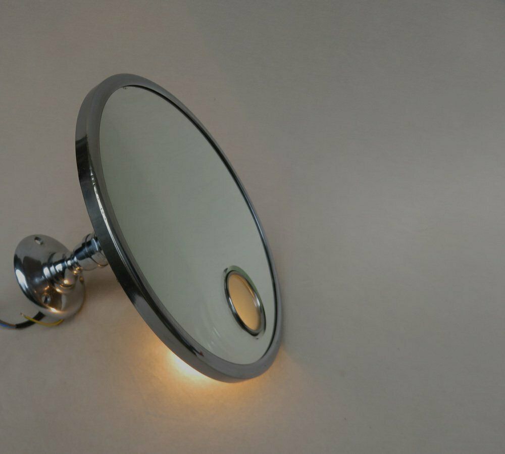Chrome Plated Illuminated Wall Mirror, Magnifying, From Le Mirophar Brot Déposé, France, 1950s photo vintage