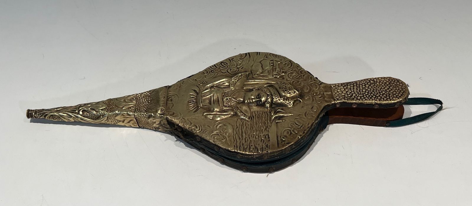 Fireplace Bellows In Repoussé Brass With The Effigy Of A Woman photo for sale