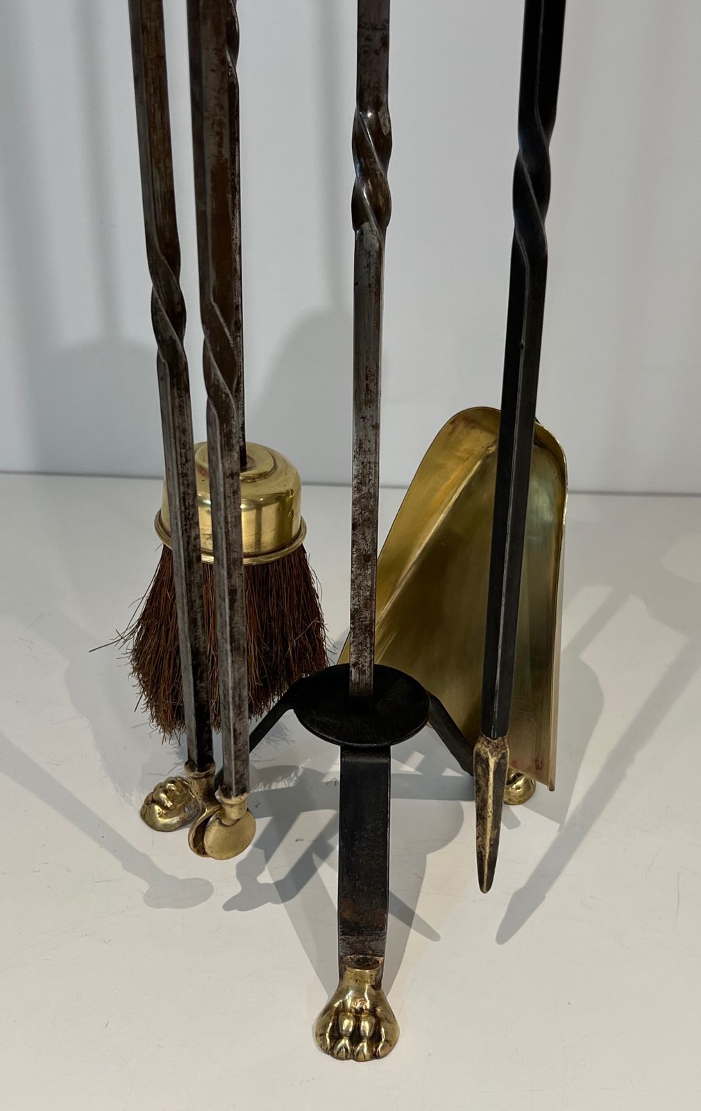 Brass And Brushed Steel Fire Kit With Claw Feet Attributed To Maison Jansen photo vinterior