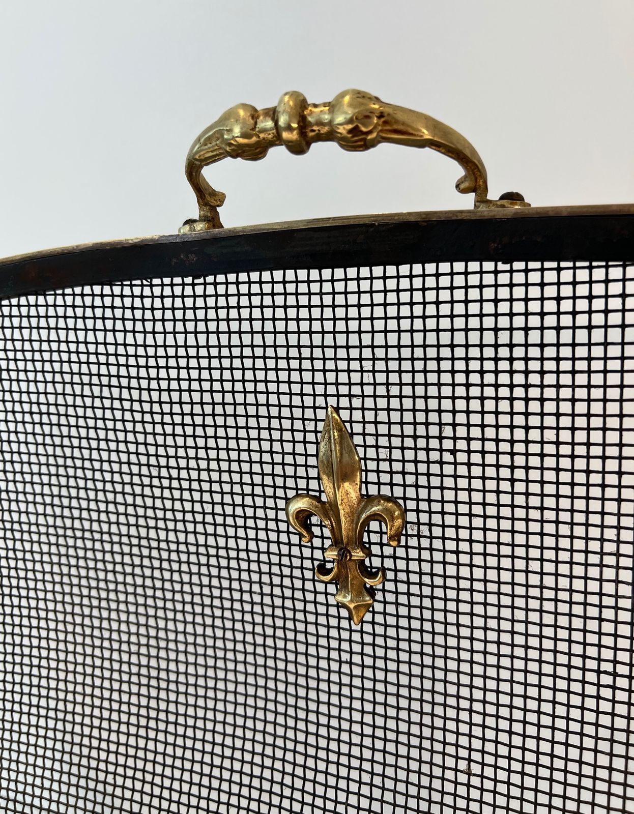 Neoclassical Style Firewall In Steel, Brass And Mesh With Fleurs De Lys Decor photo vinterior