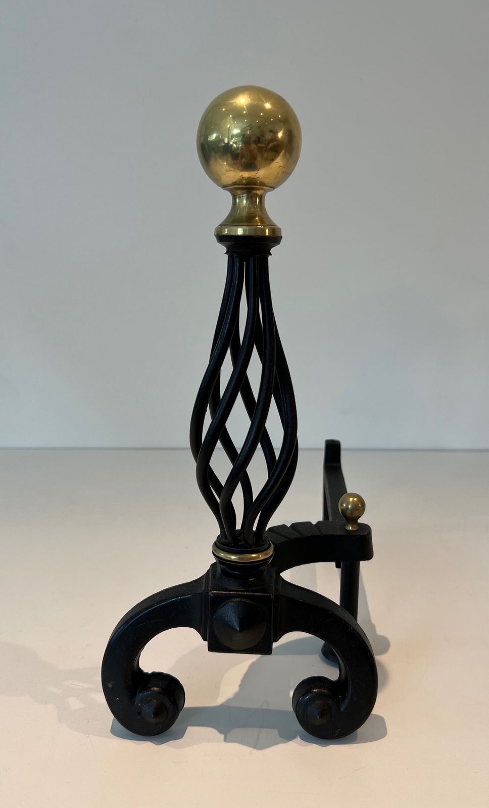 Pair Of Wrought Iron Andirons Topped With A Brass Ball photo vinterior