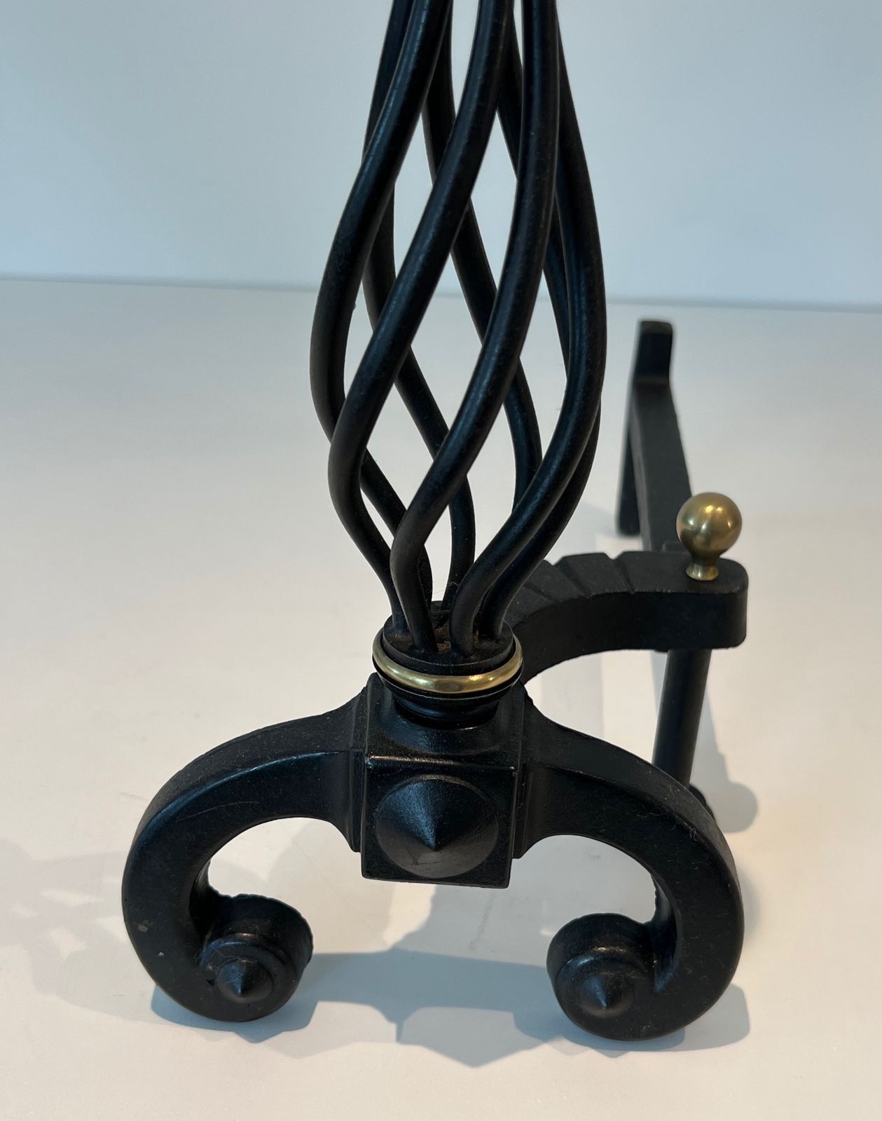 photo furniture Pair Of Wrought Iron Andirons Topped With A Brass Ball