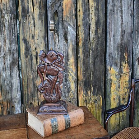 Antique Vintage Hand Carved Wooden Chinese New Year Dragon Table Lamp photo vinterior