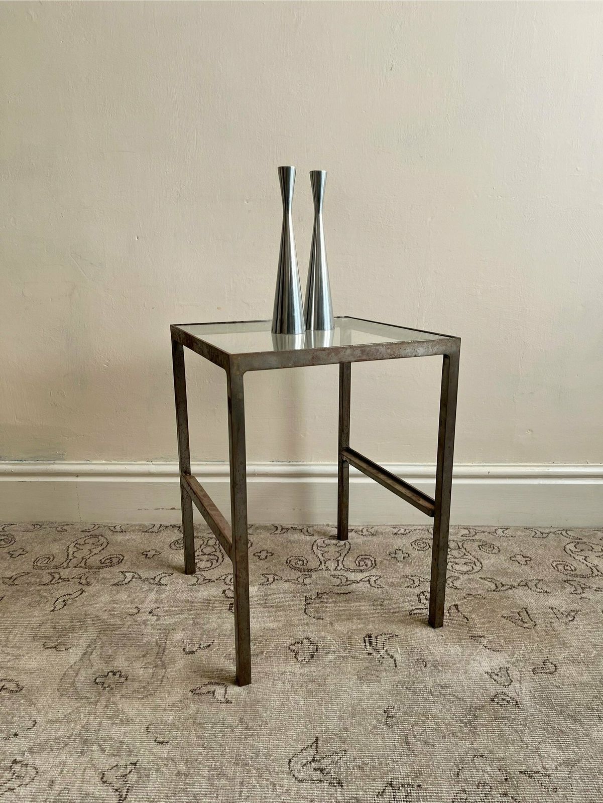 Patinated Metal End Table Of Industrial Design, Bespoke Piece With Glass Top photo Furniture