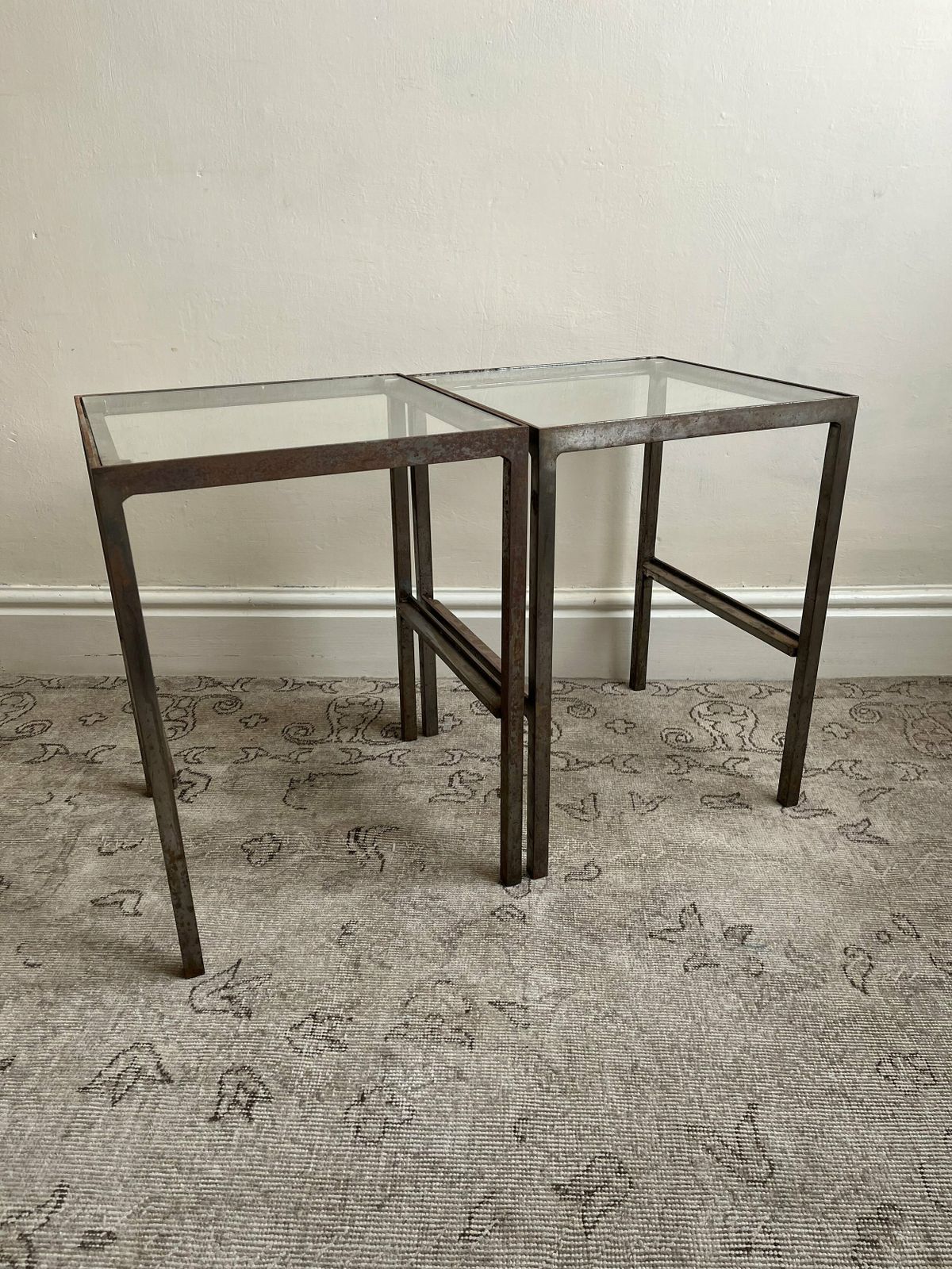 Patinated Metal End Table Of Industrial Design, Bespoke Piece With Glass Top photo vinterior