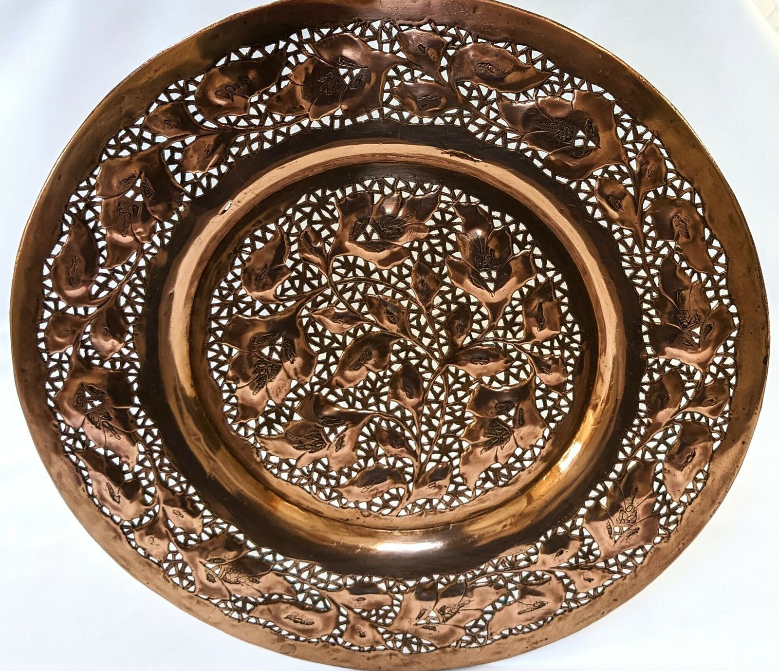 Pair Of Vintage Islamic Kashmir Copper Chargers With Intricate Openwork photo furniture