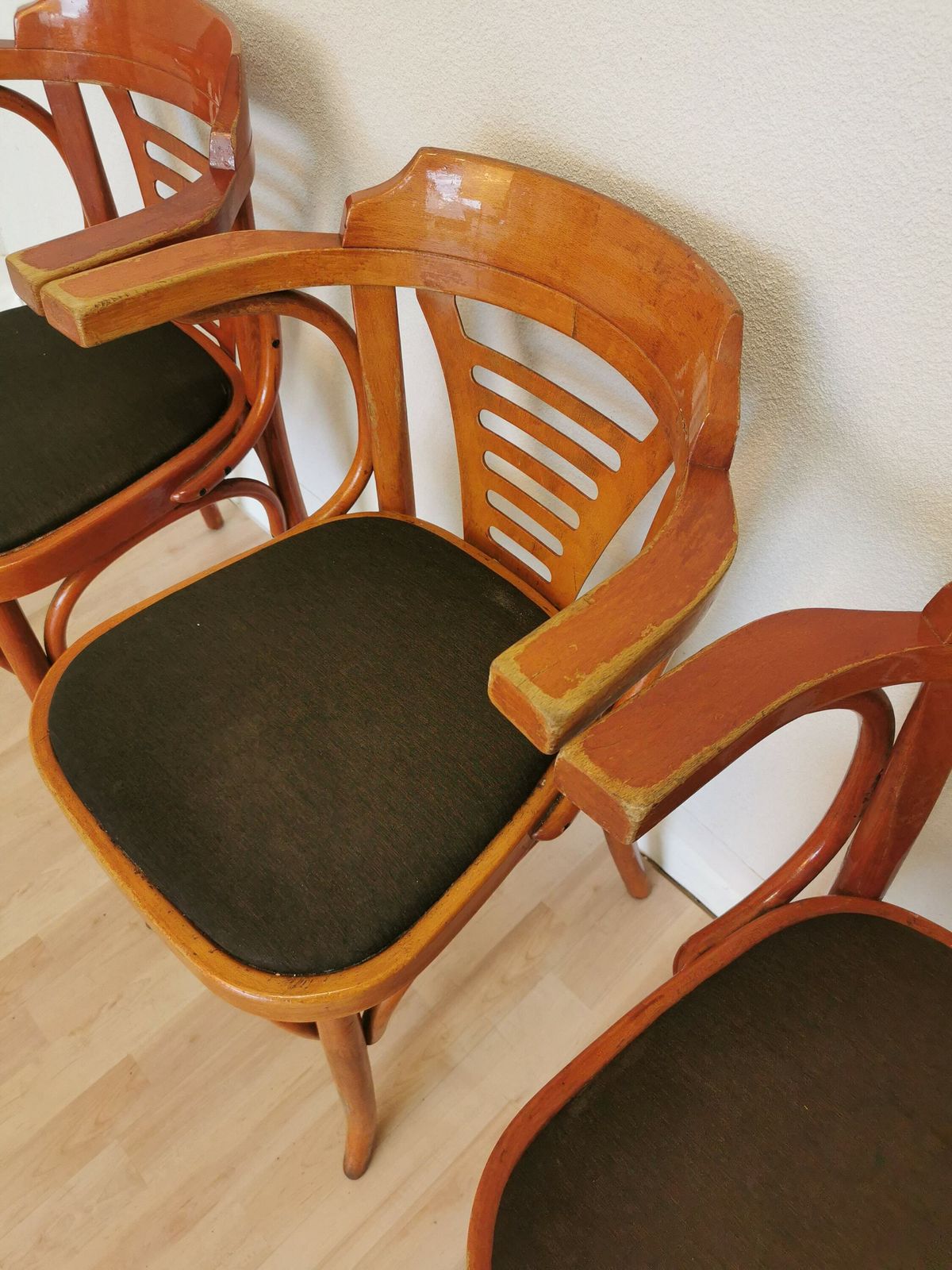 Set Of 3 Vintage Bentwood Dining Chairs In Irish Pub Style With Fabric Seat / Mid Century Wooden Armchair With Armrest In Thonet Style 1970s photo for sale
