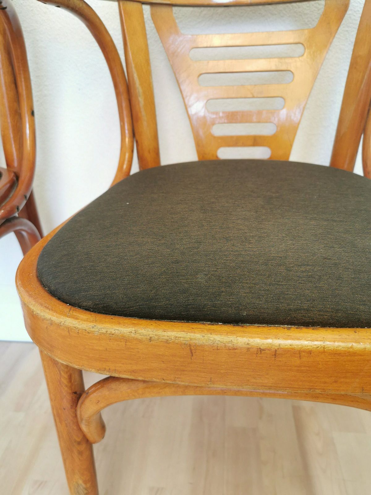 Set Of 3 Vintage Bentwood Dining Chairs In Irish Pub Style With Fabric Seat / Mid Century Wooden Armchair With Armrest In Thonet Style 1970s photo Furniture