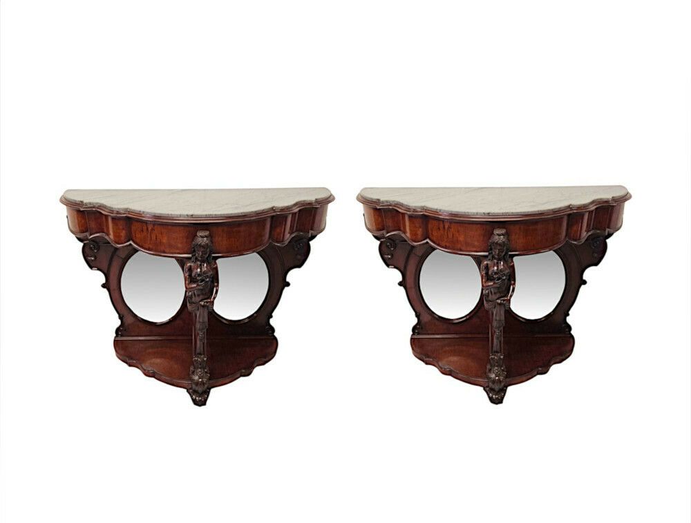 A Very Rare And Impressive Pair Of Tall 19th Century Marble Top Country House Console Tables