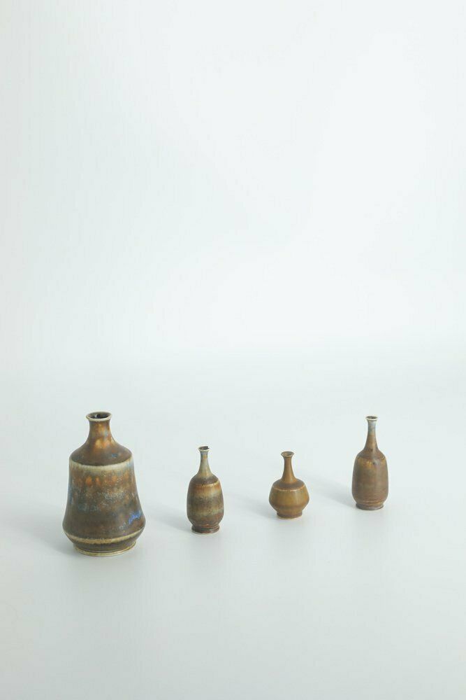 Small Mid Century Scandinavian Modern Collectible Brown Stoneware Vases By Gunnar Borg For Höganäs Ceramics, 1960s, Set Of 4 photo Home Decor