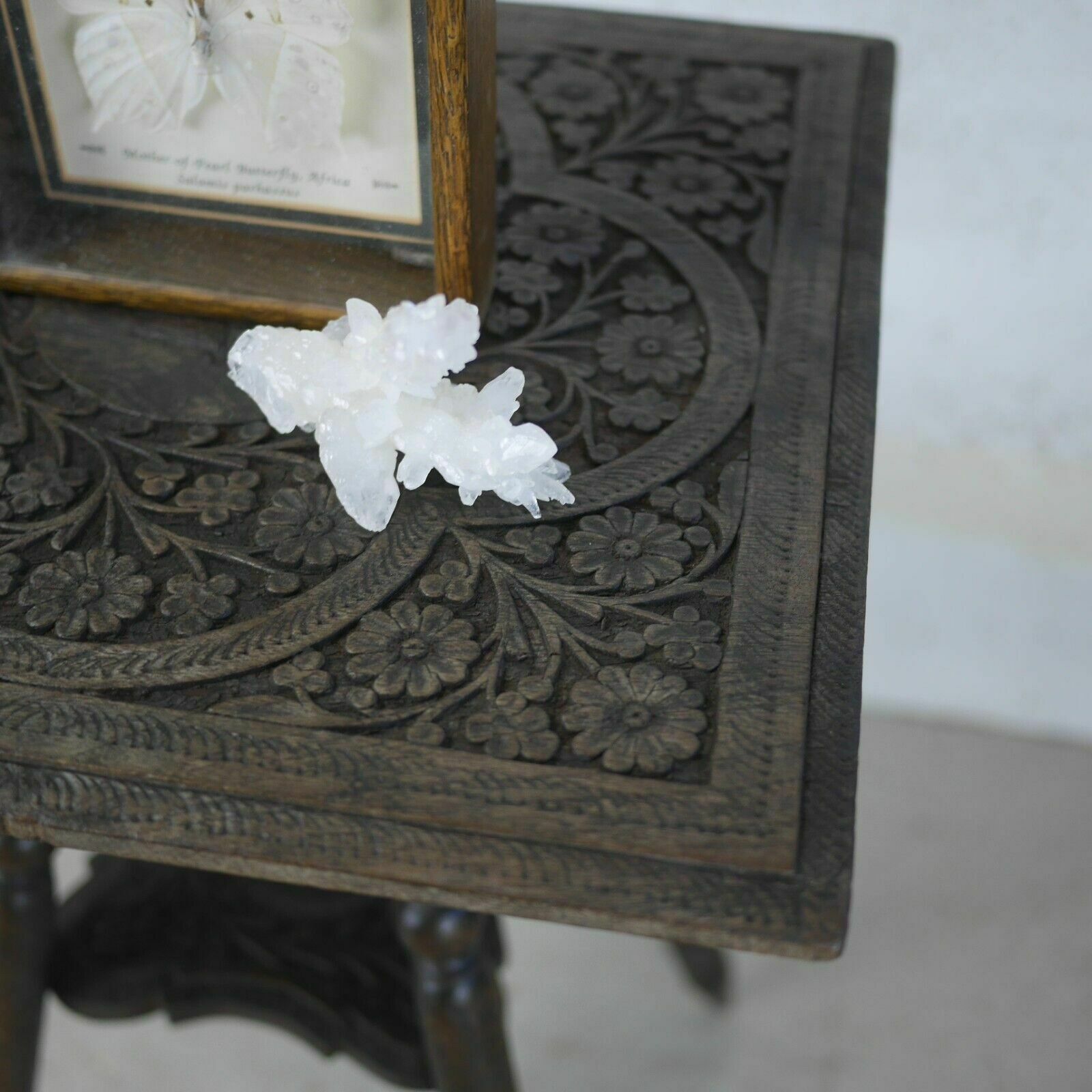 Antique Carved Anglo Indian Square Burmese Hard Wood Lamp Side Table Weathered photo vintage