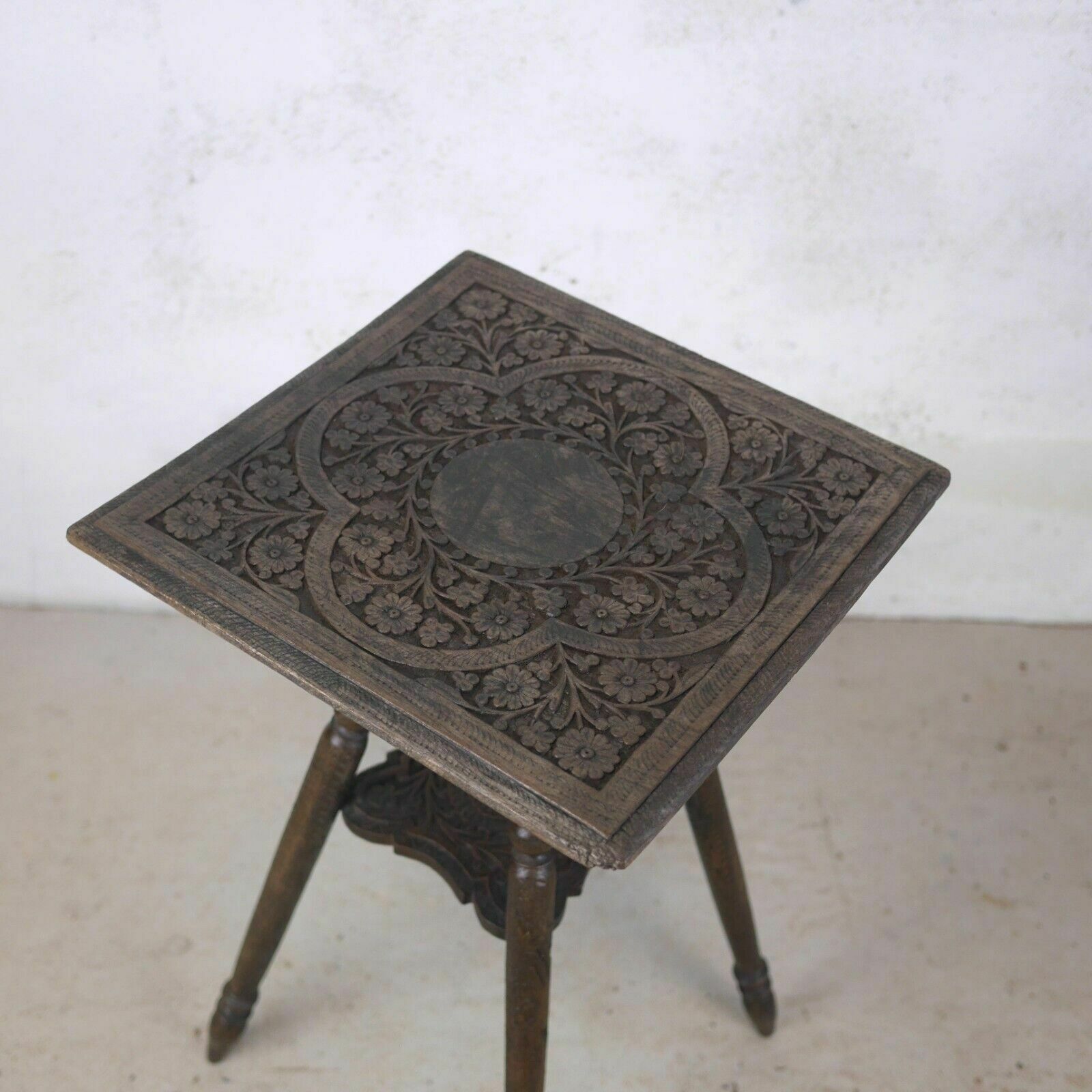 Furniture Antique Carved Anglo Indian Square Burmese Hard Wood Lamp Side Table Weathered photo