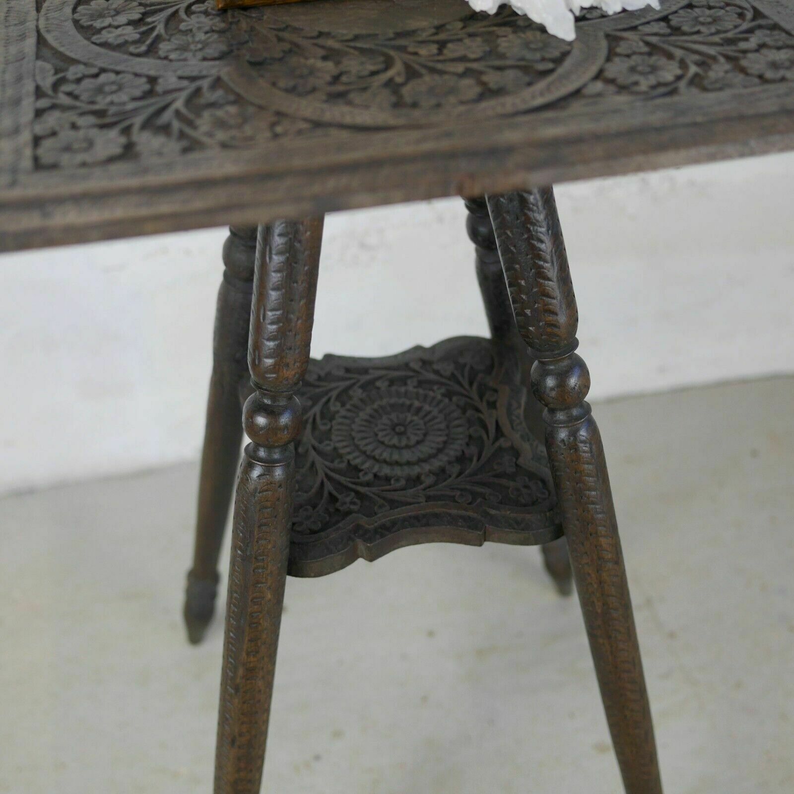 245.0 Antique Carved Anglo Indian Square Burmese Hard Wood Lamp Side Table Weathered photo