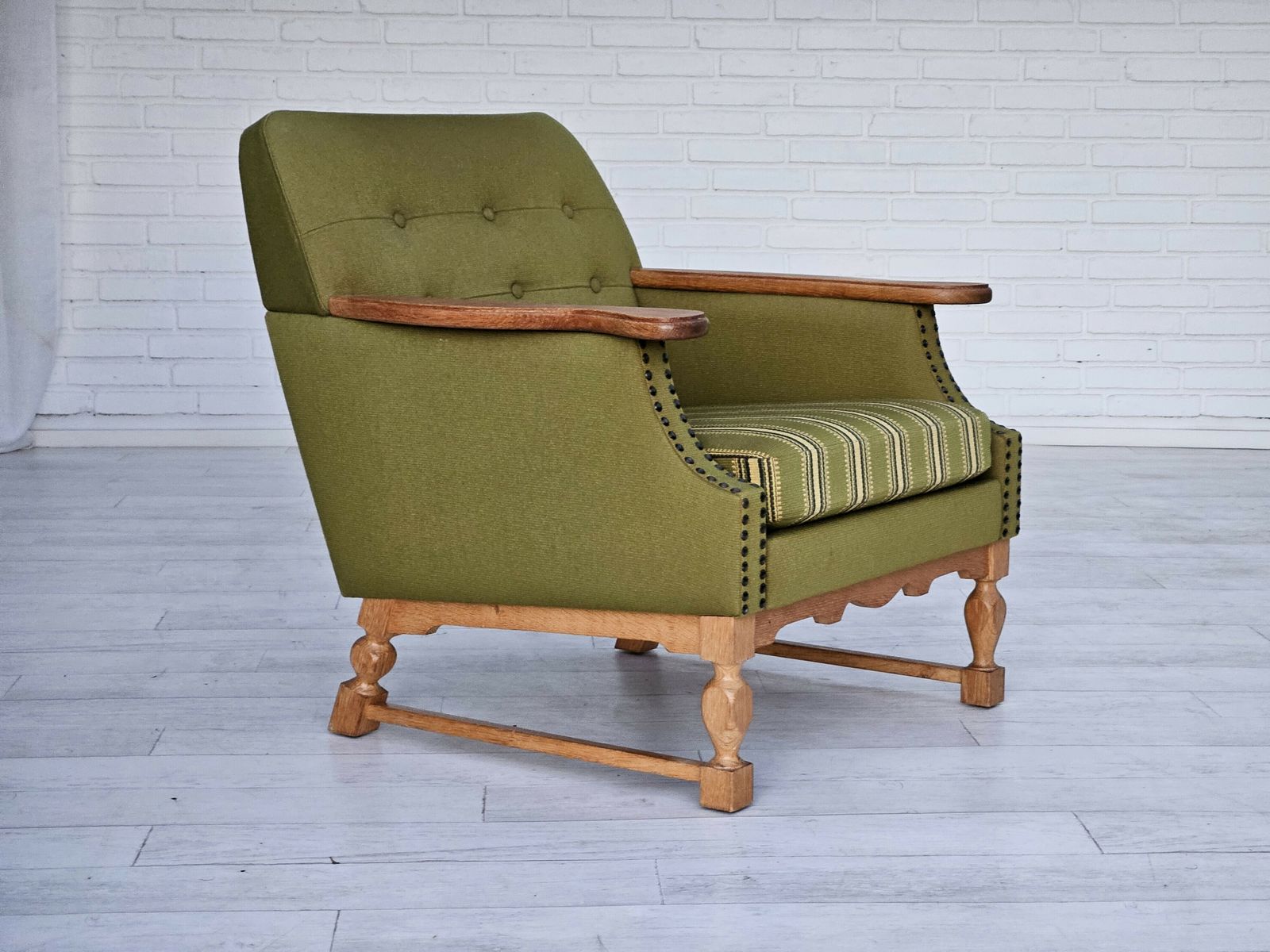 1970s, Danish Lounge Chair, Wool, Oak, Original Very Good Condition. photo for sale